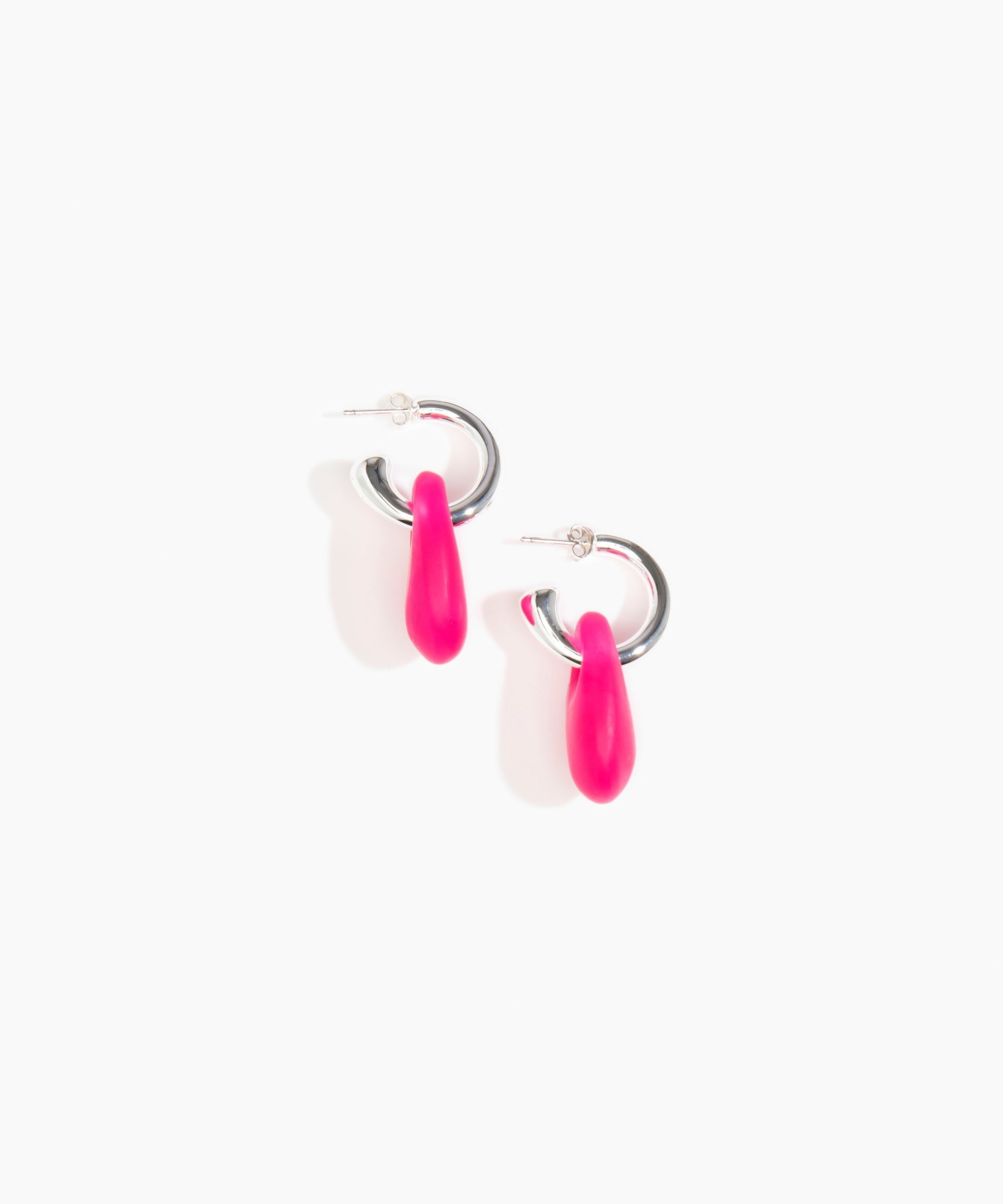 Dinosaur Designs Small Rock Hoop Earrings in Flamingo color resin with Silver-Plated Brass Hoop Material