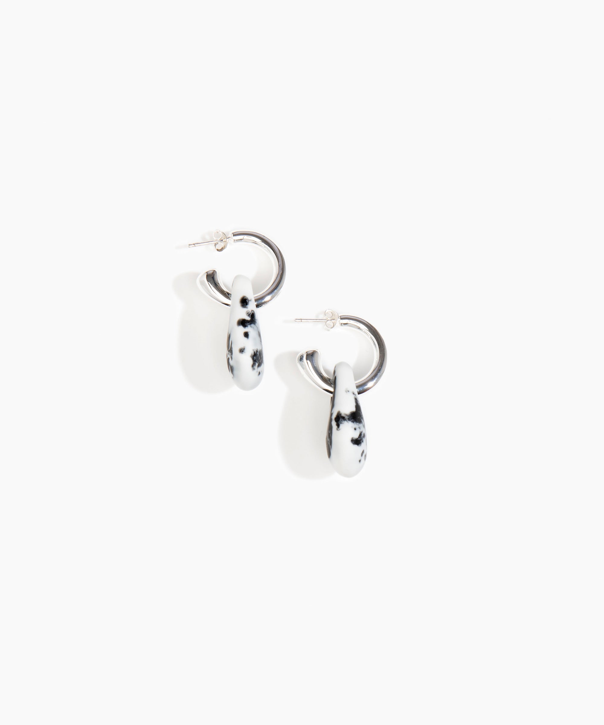 Dinosaur Designs Small Rock Hoop Earrings in White Marble color resin with Silver-Plated Brass Hoop Material