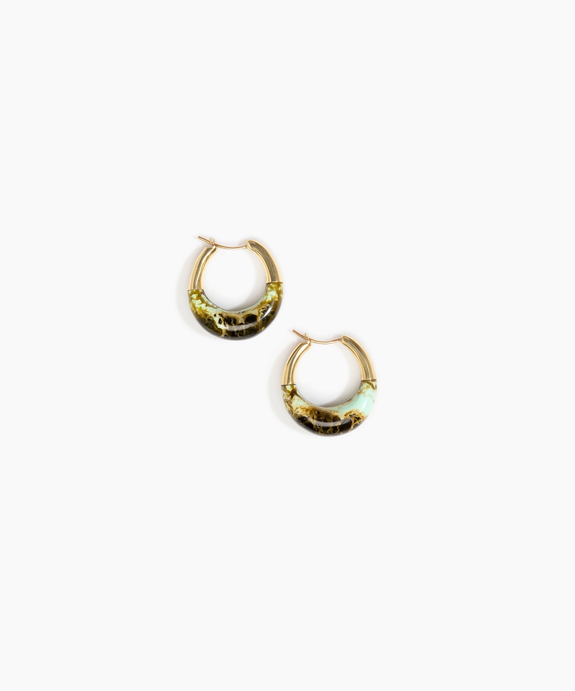 Dinosaur Designs Small Horn Hoop Earrings in Malachite color resin with Nano-Coated Brass Material