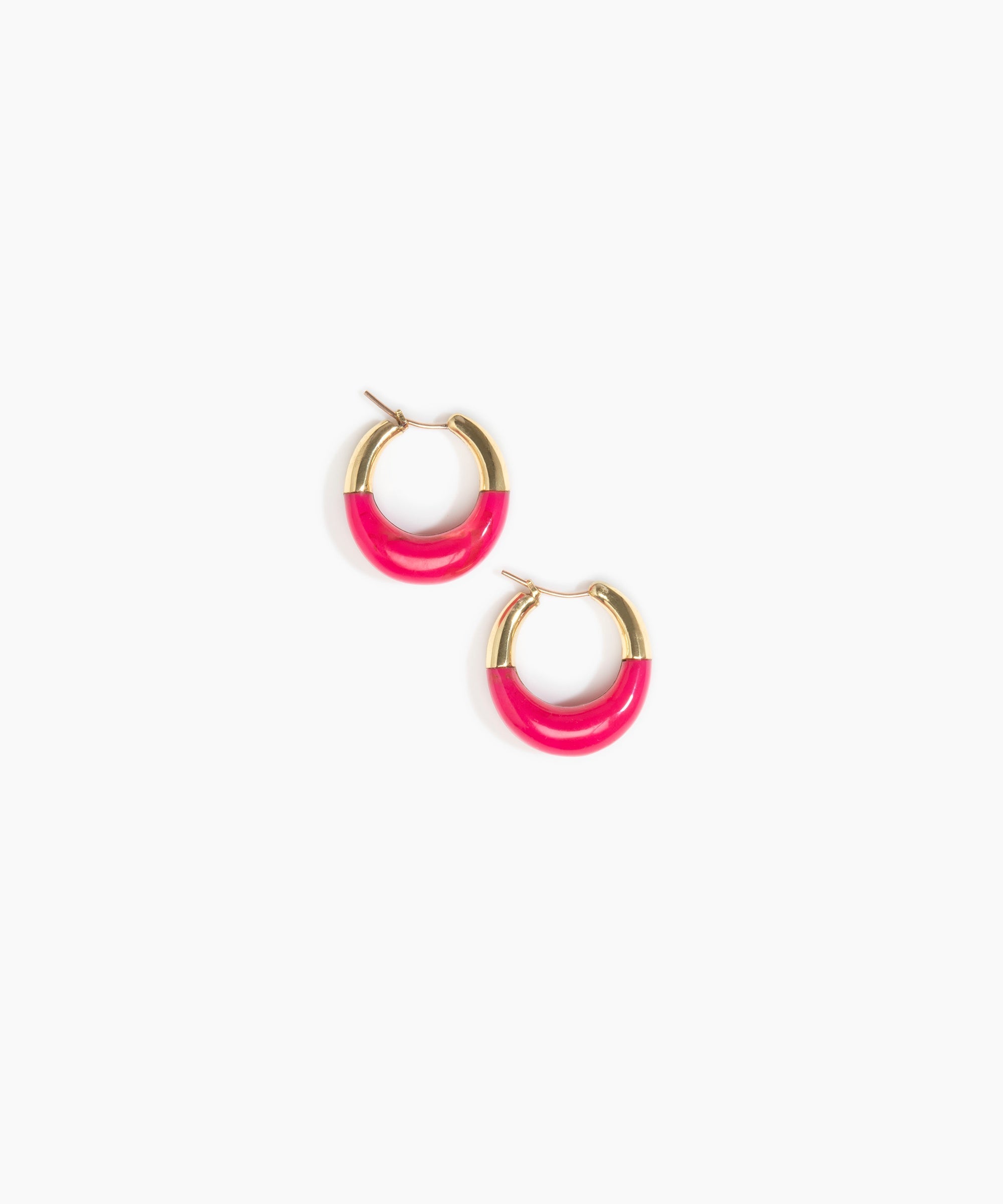 Dinosaur Designs Small Horn Hoop Earrings in Flamingo color resin with Nano-Coated Brass Material