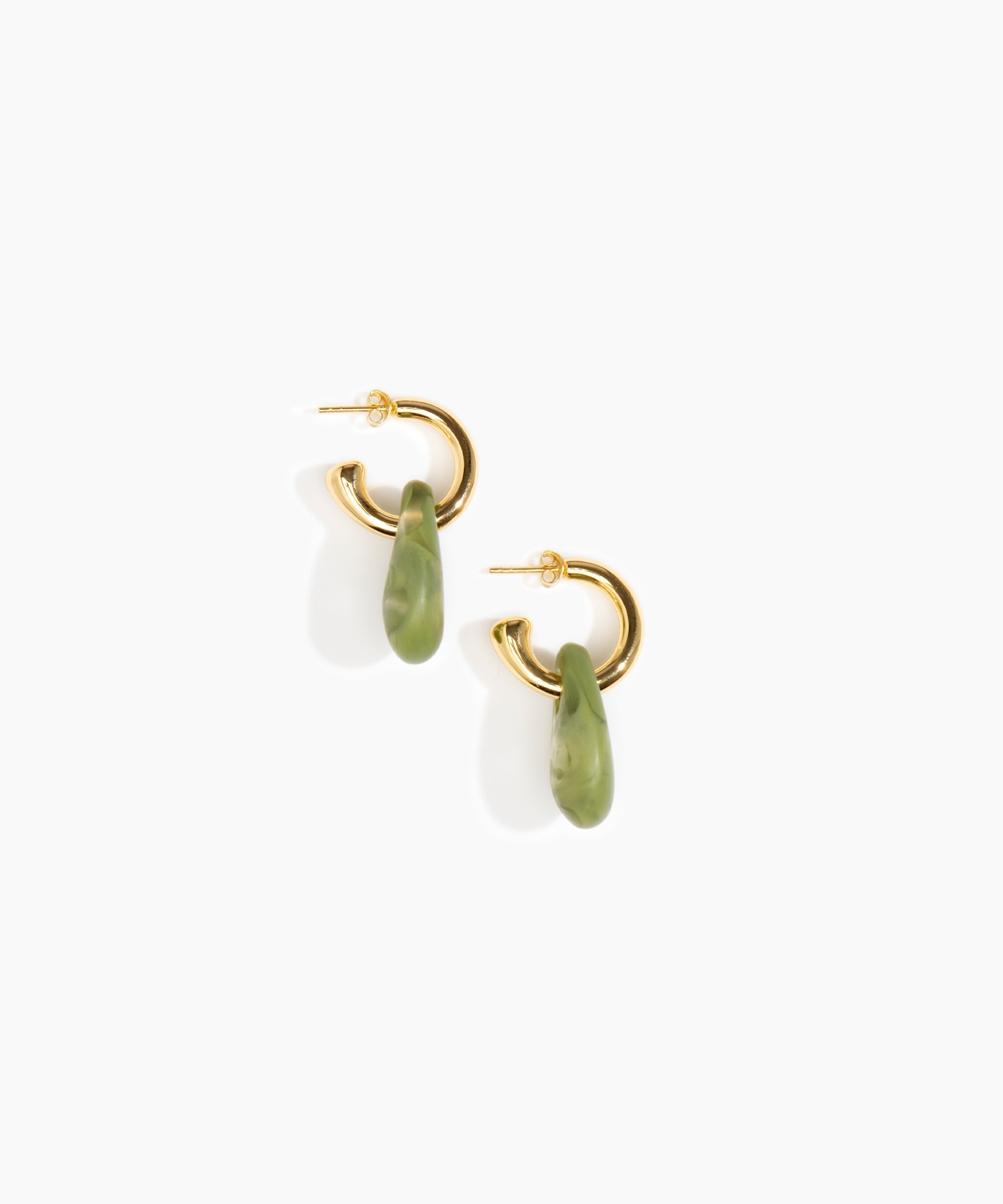 Dinosaur Designs Small Rock Hoop Earrings in Olive color resin with Brass Hoop Material
