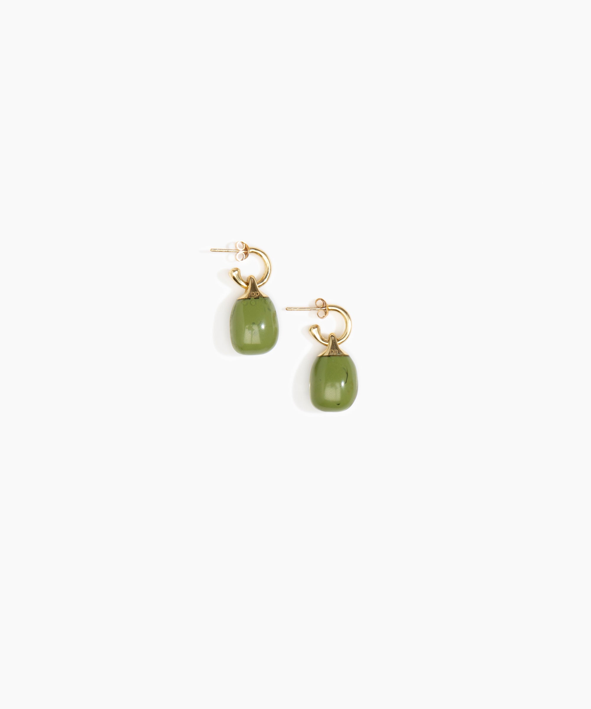Dinosaur Designs Small River Rock Hoop Earrings in Olive color resin with Brass Hoop Material