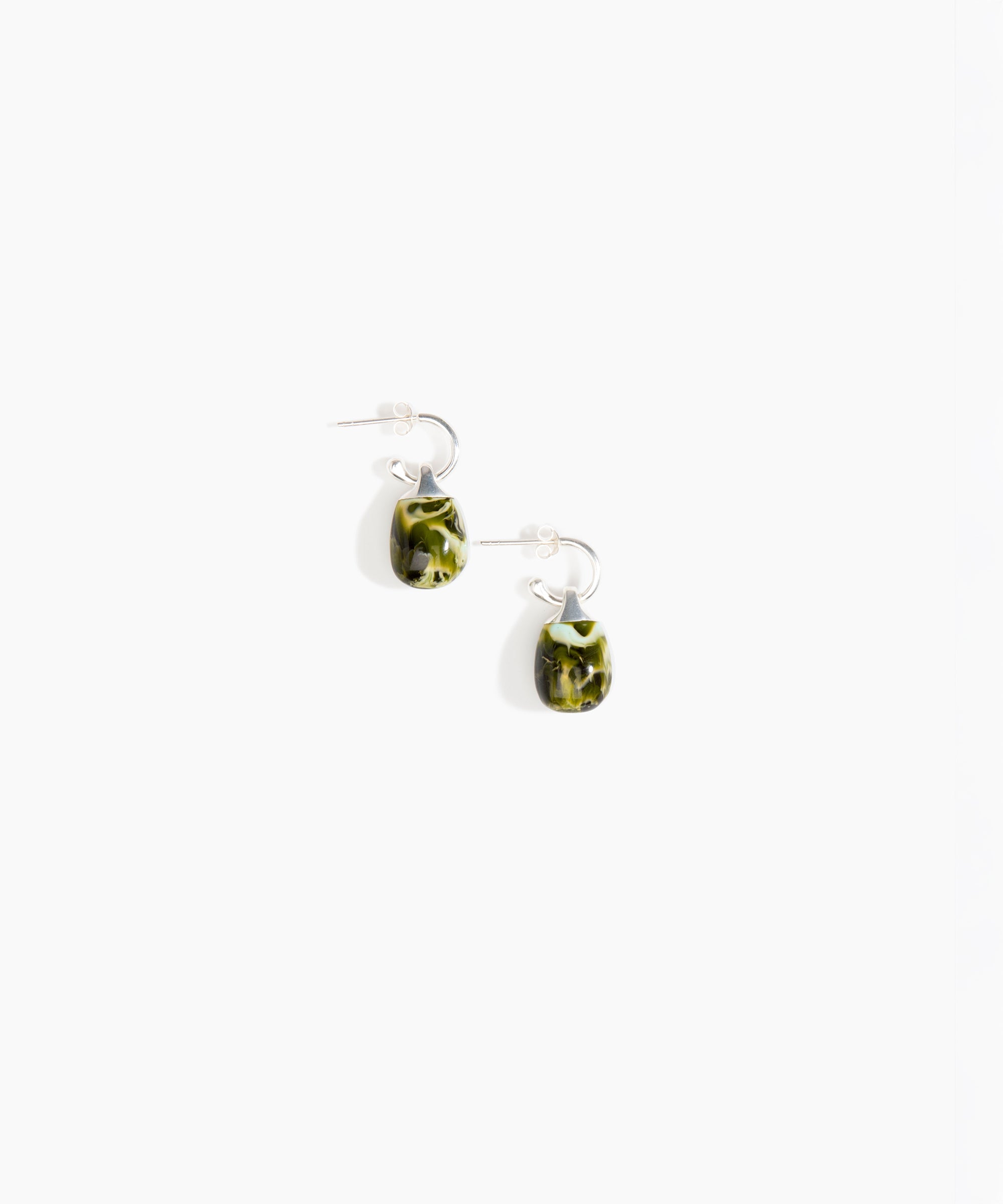 Dinosaur Designs Small River Rock Hoop Earrings in Malachite color resin with Silver-Plated Brass Hoop Material