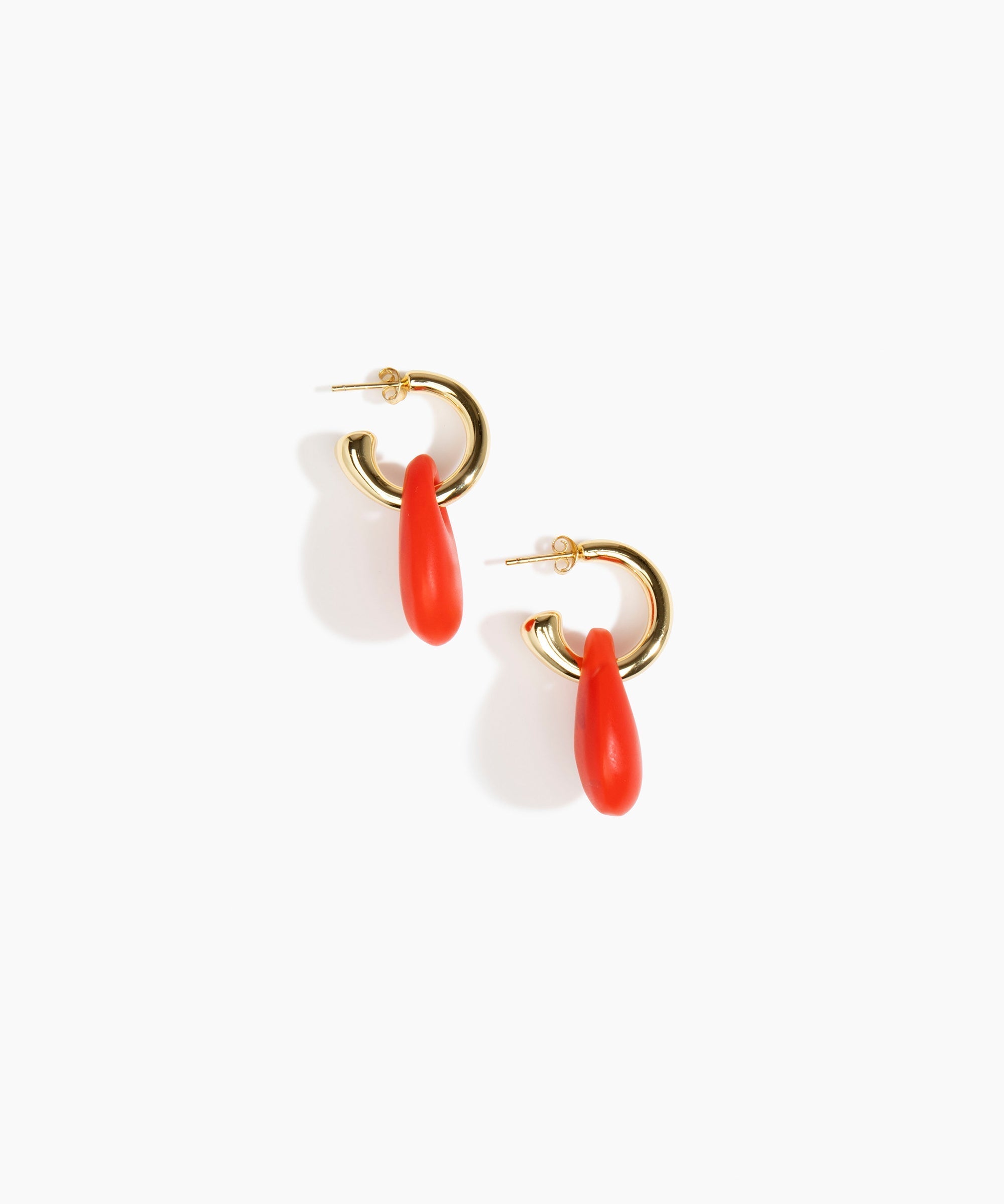 Dinosaur Designs Small Rock Hoop Earrings in Poppy color resin with Brass Hoop Material
