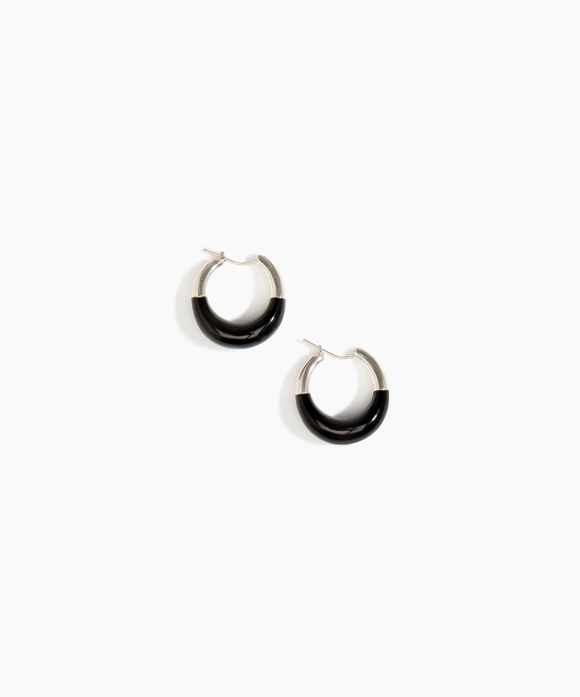 Dinosaur Designs Small Horn Hoop Earrings in Black color resin with Silver-Plated Brass Material