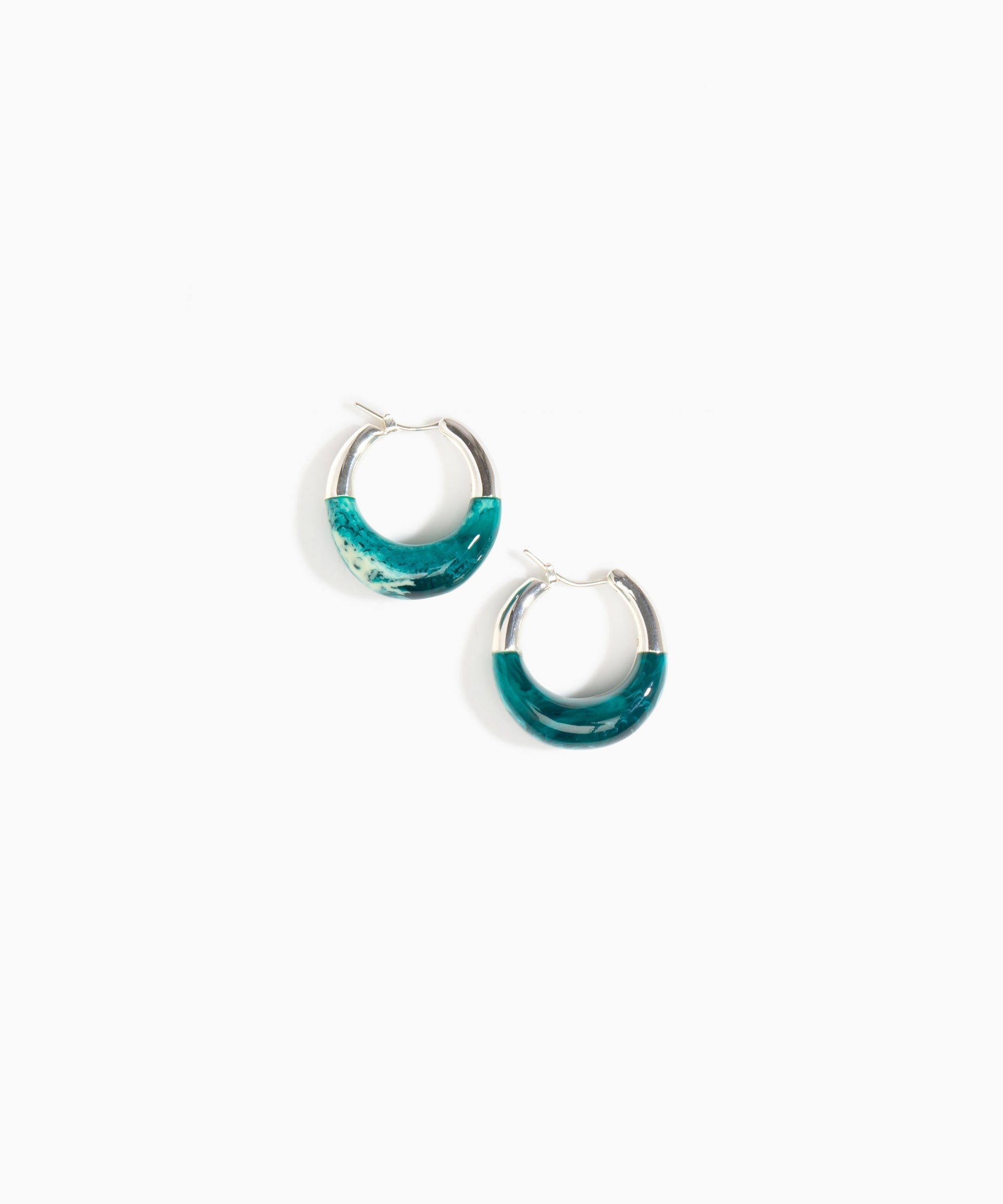 Dinosaur Designs Small Horn Hoop Earrings in Lagoon color resin with Silver-Plated Brass Material