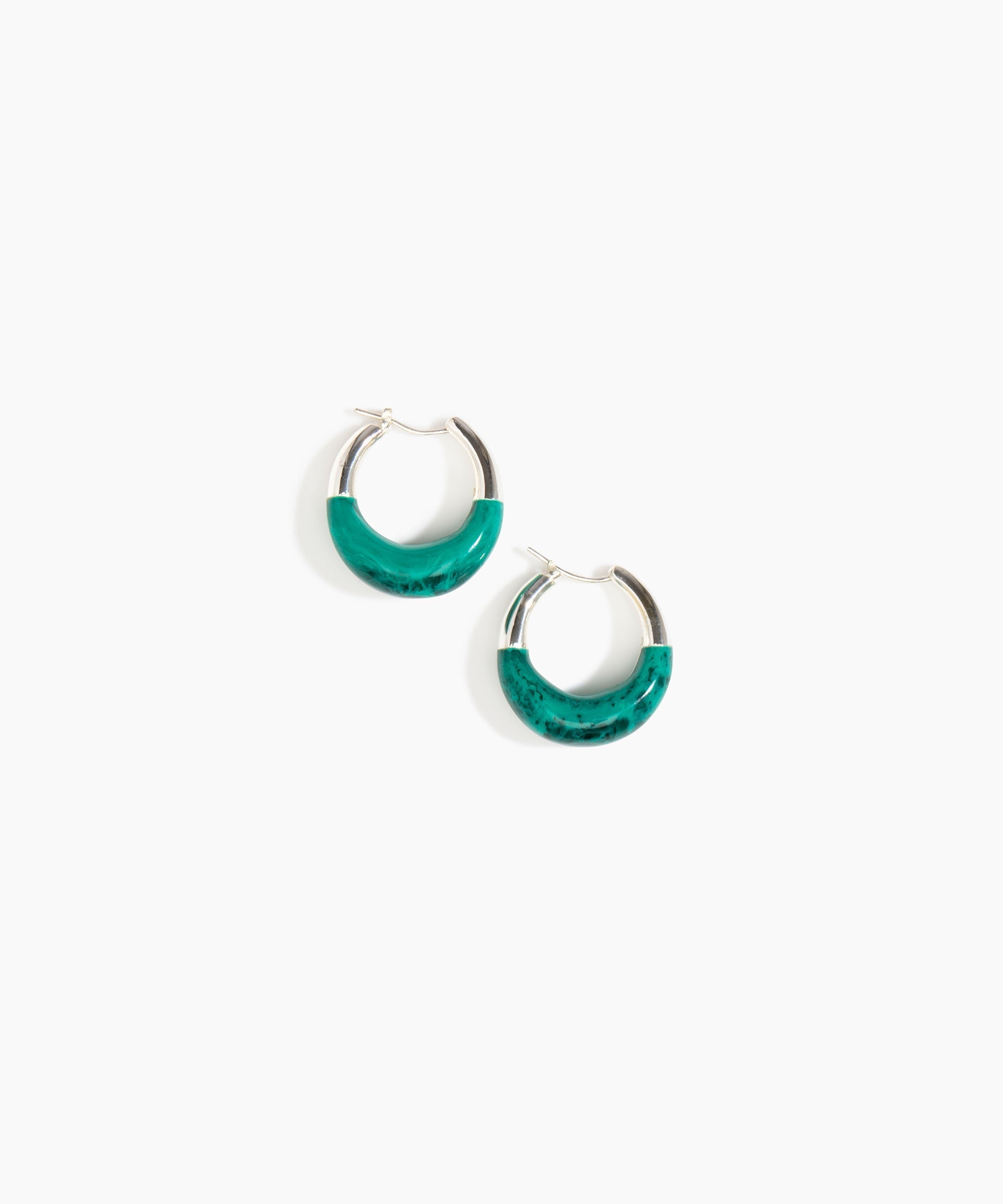 Dinosaur Designs Small Horn Hoop Earrings in Mineral Swirl color resin with Silver-Plated Brass Material