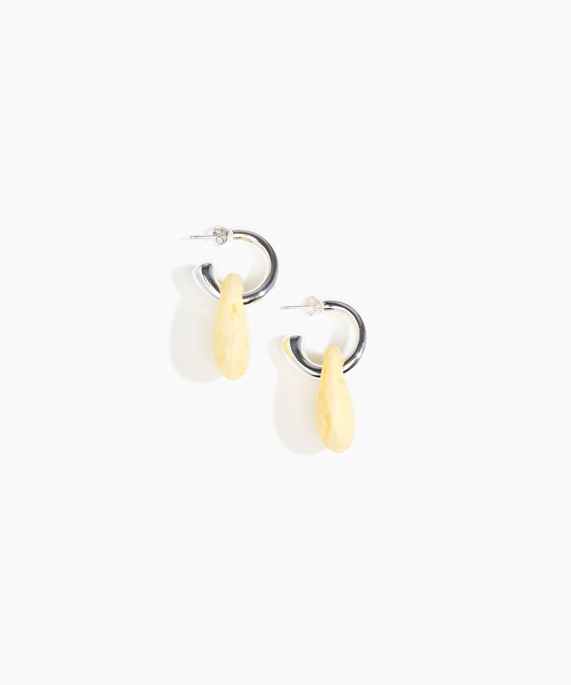 Dinosaur Designs Small Rock Hoop Earrings in Lemon Colour resin with Silver-Plated Brass Hoop Material..