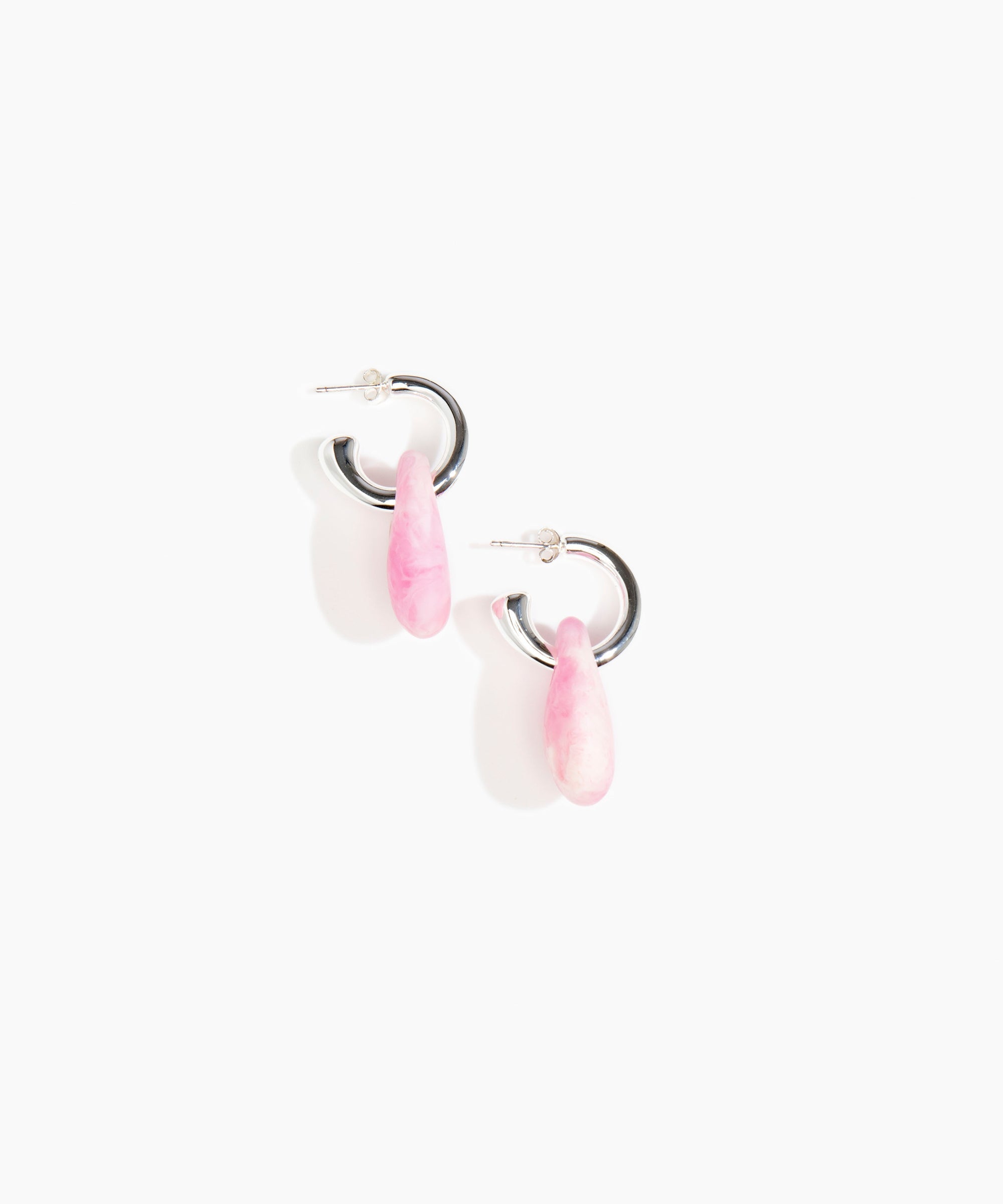 Dinosaur Designs Small Rock Hoop Earrings in Shell Pink Colour resin with Silver-Plated Brass Hoop Material.