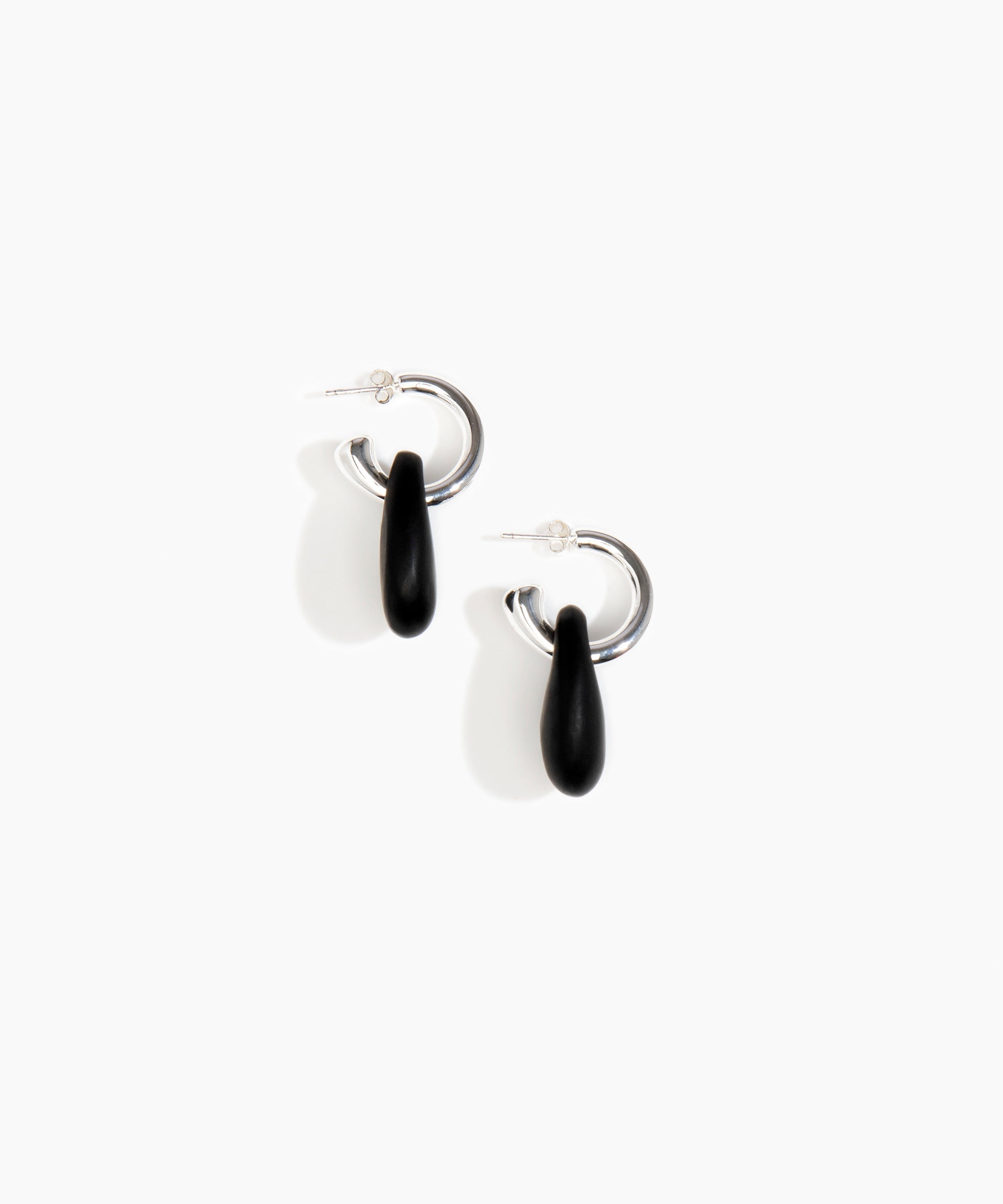 Dinosaur Designs Small Rock Hoop Earrings in Black Colour resin with Silver-Plated Brass Hoop Material.