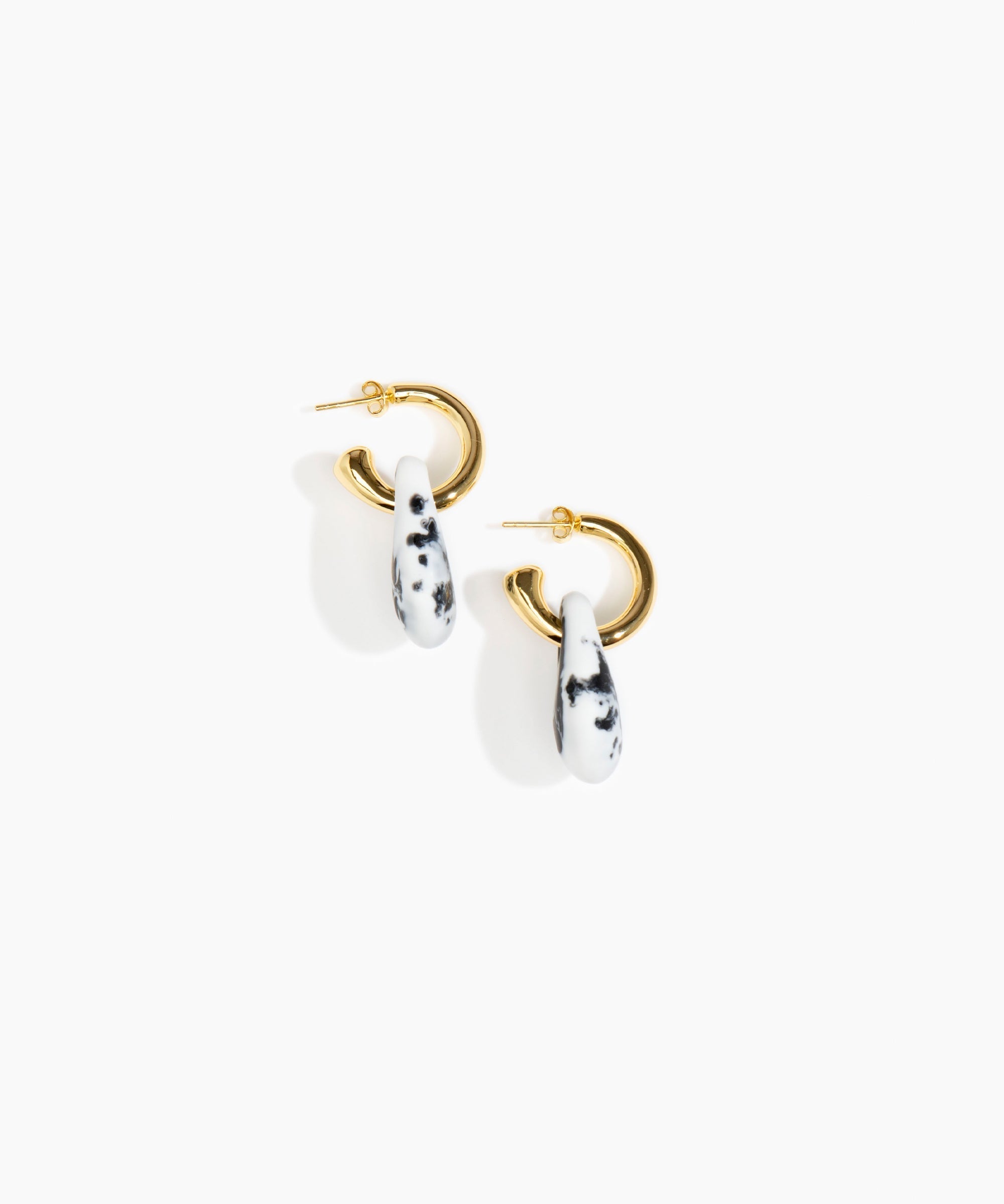 Dinosaur Designs Small Rock Hoop Earrings in White Marble Colour resin with Brass Hoop Material