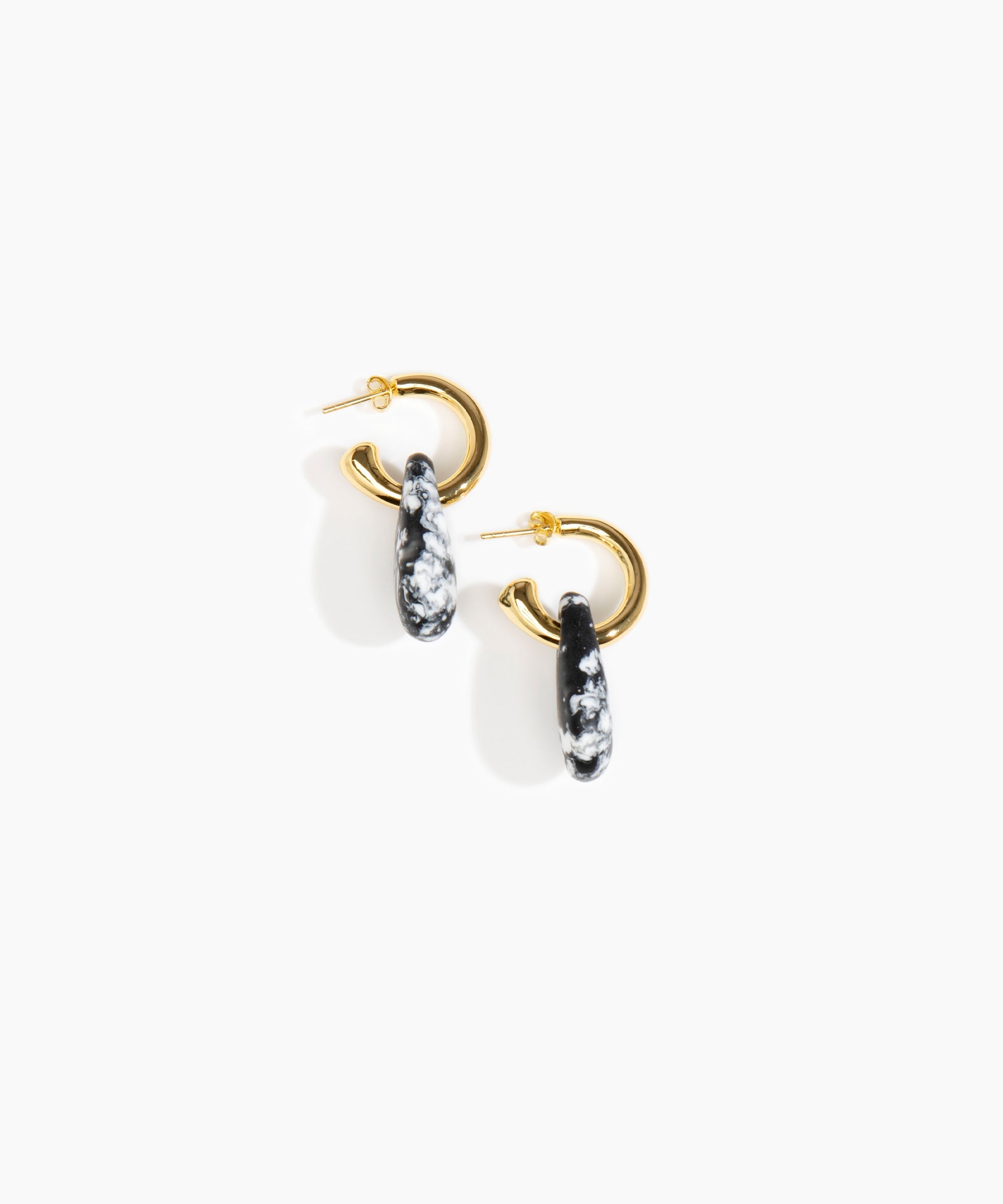Dinosaur Designs Small Rock Hoop Earrings in Black Marble Colour resin with Brass Hoop Material..