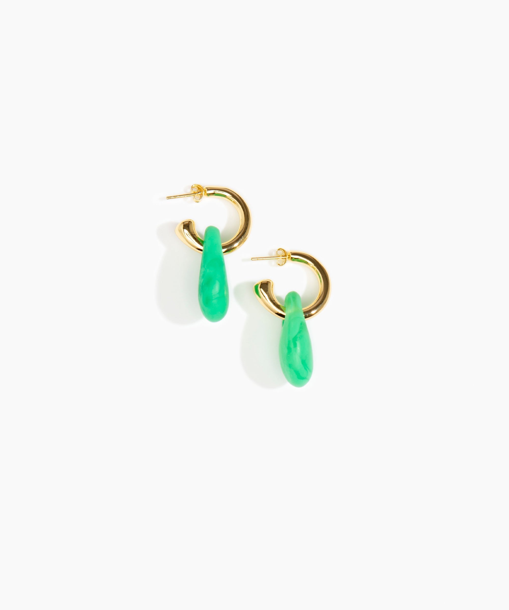 Dinosaur Designs Small Rock Hoop Earrings in Leaf Colour resin with Brass Hoop Material.