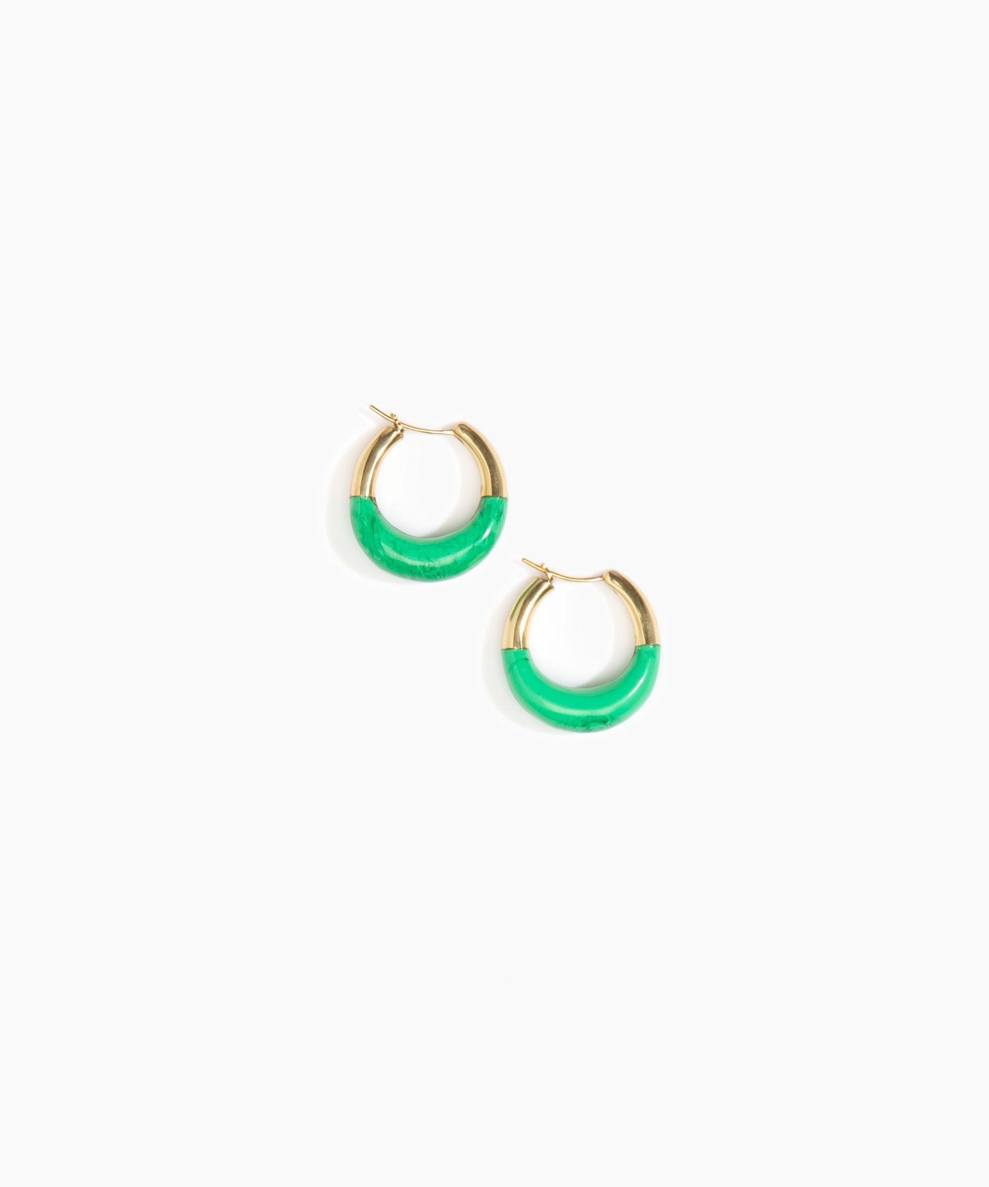 Dinosaur Designs Small Horn Hoop Earrings in Leaf Colour resin with Nano-Coated Brass Material.