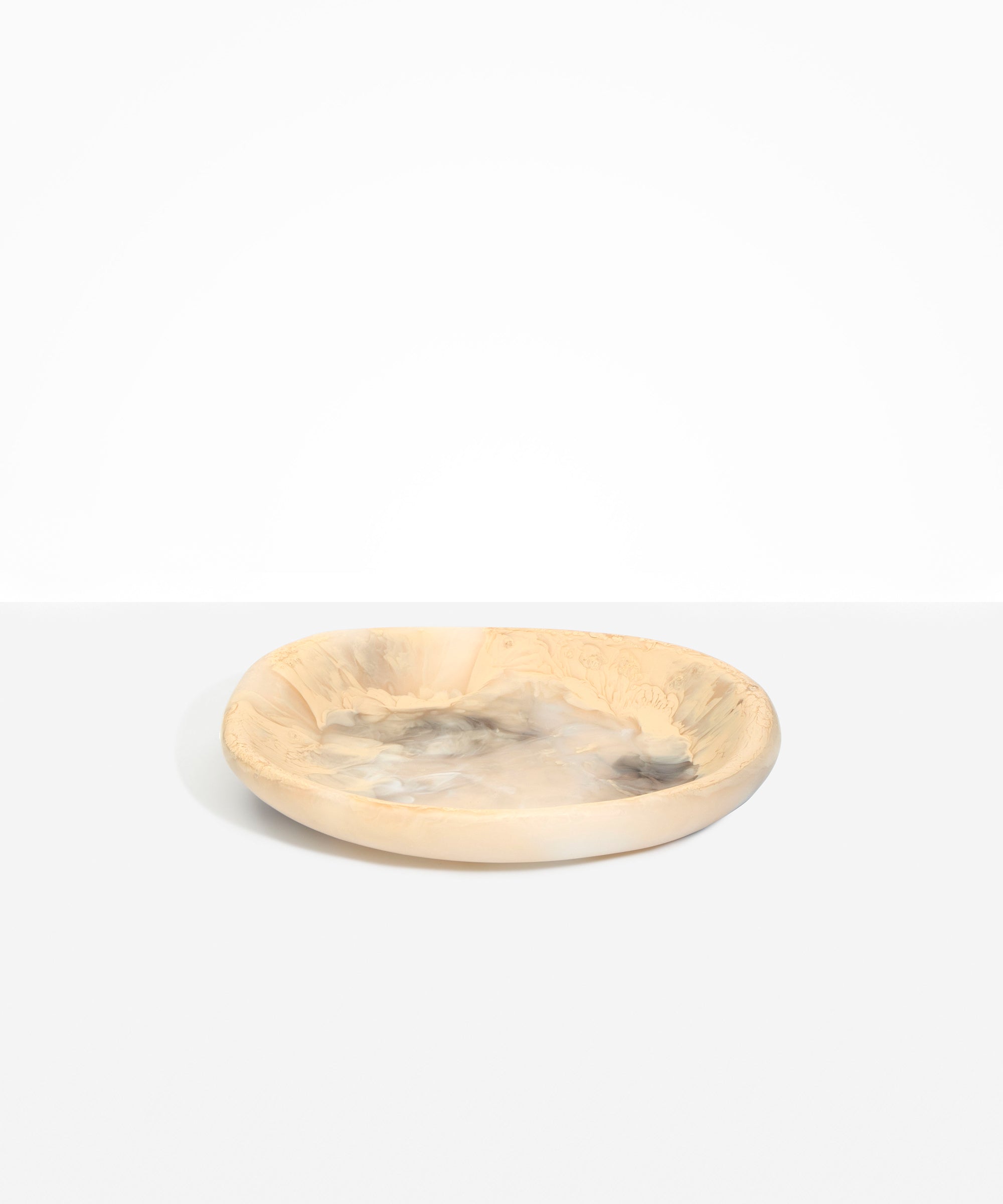 Dinosaur Designs Medium Bones Bowl in Sandy Pearl — mid sized handmade marbled beige, grey and pearlescent resin shallow serving bowl with a rounded organic form