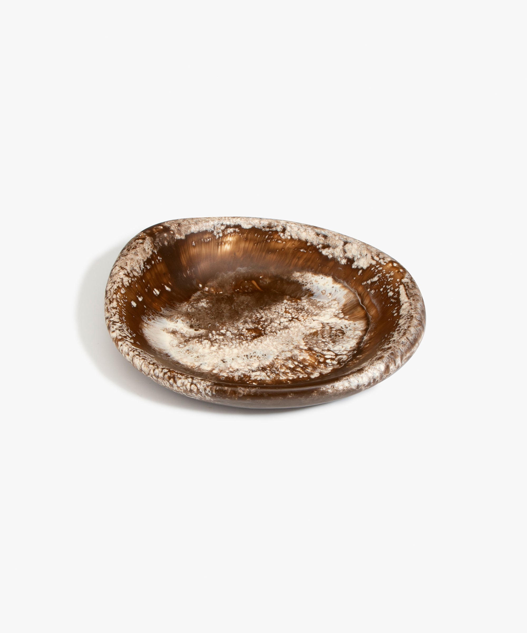Dinosaur Designs Small Bones Bowl in Cappuccino — small handmade marbled brown and cream resin shallow serving bowl with a rounded organic form...