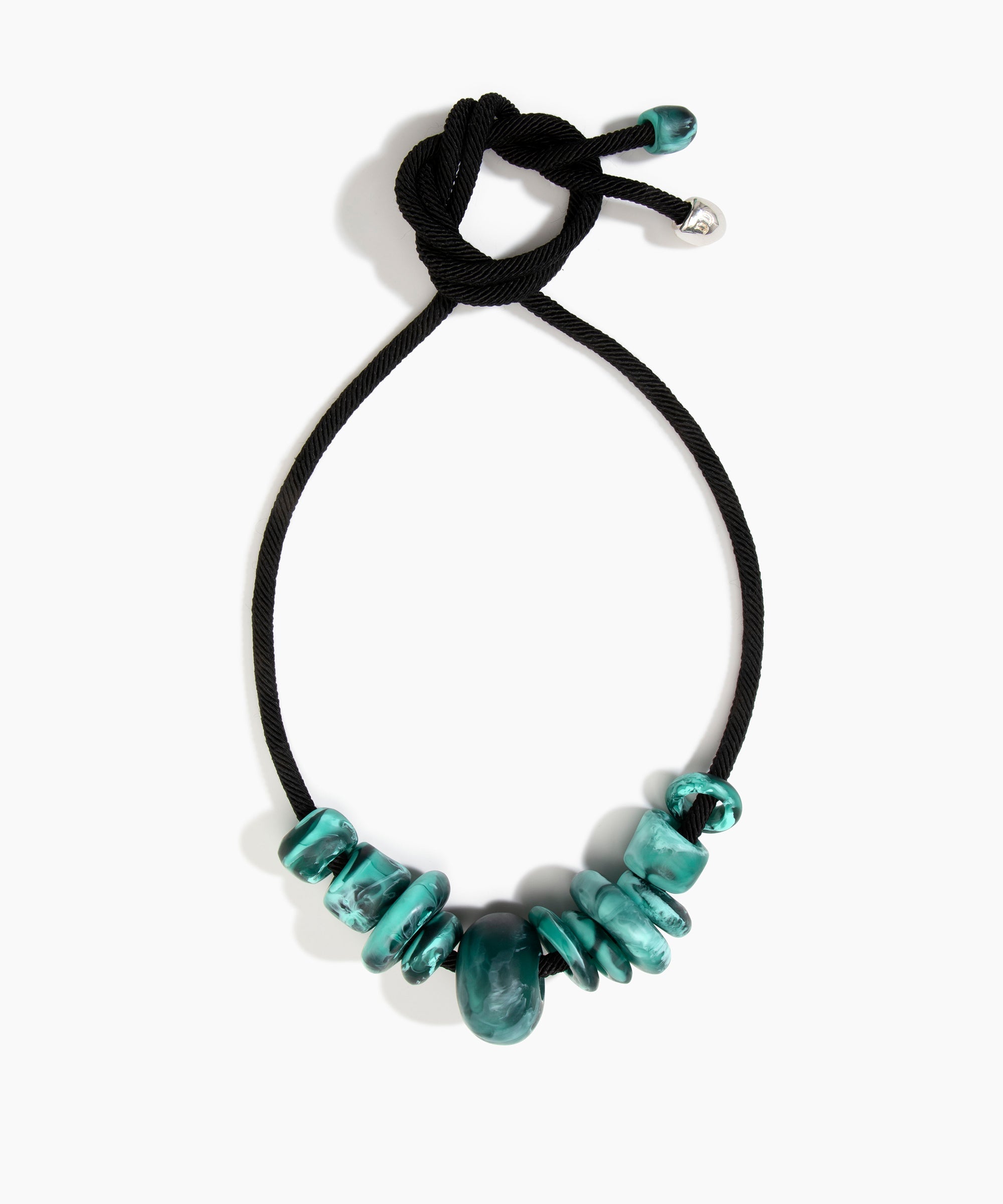 Dinosaur Designs Drift Choker in Lichen with Plated-Silver — marbled teal and black resin pebble beads on a wood silk cord with silver-plated end cap