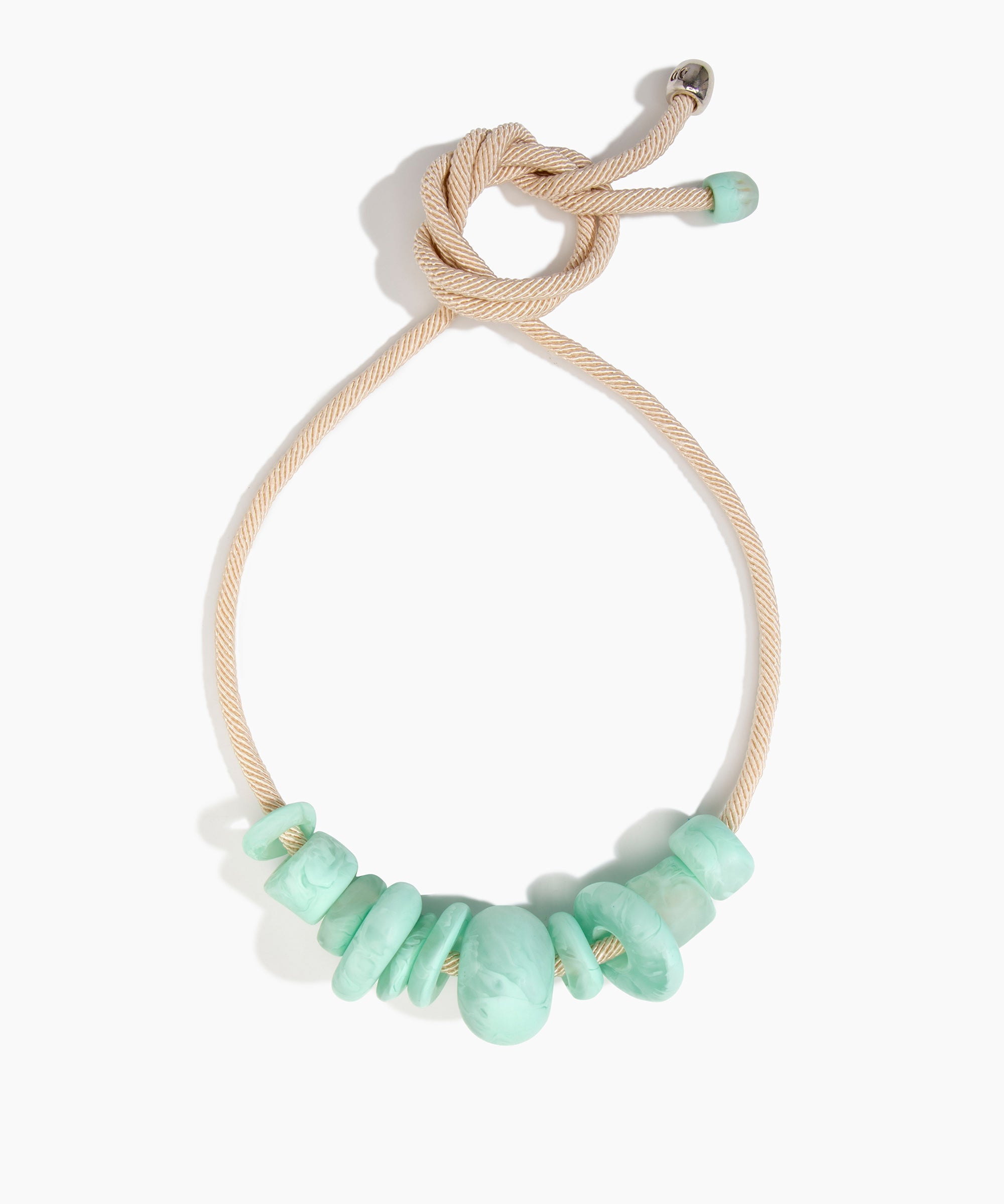 Dinosaur Designs Drift Choker in Mint with Plated-Silver — marbled blue green resin pebble beads on a wood silk cord with silver-plated end cap