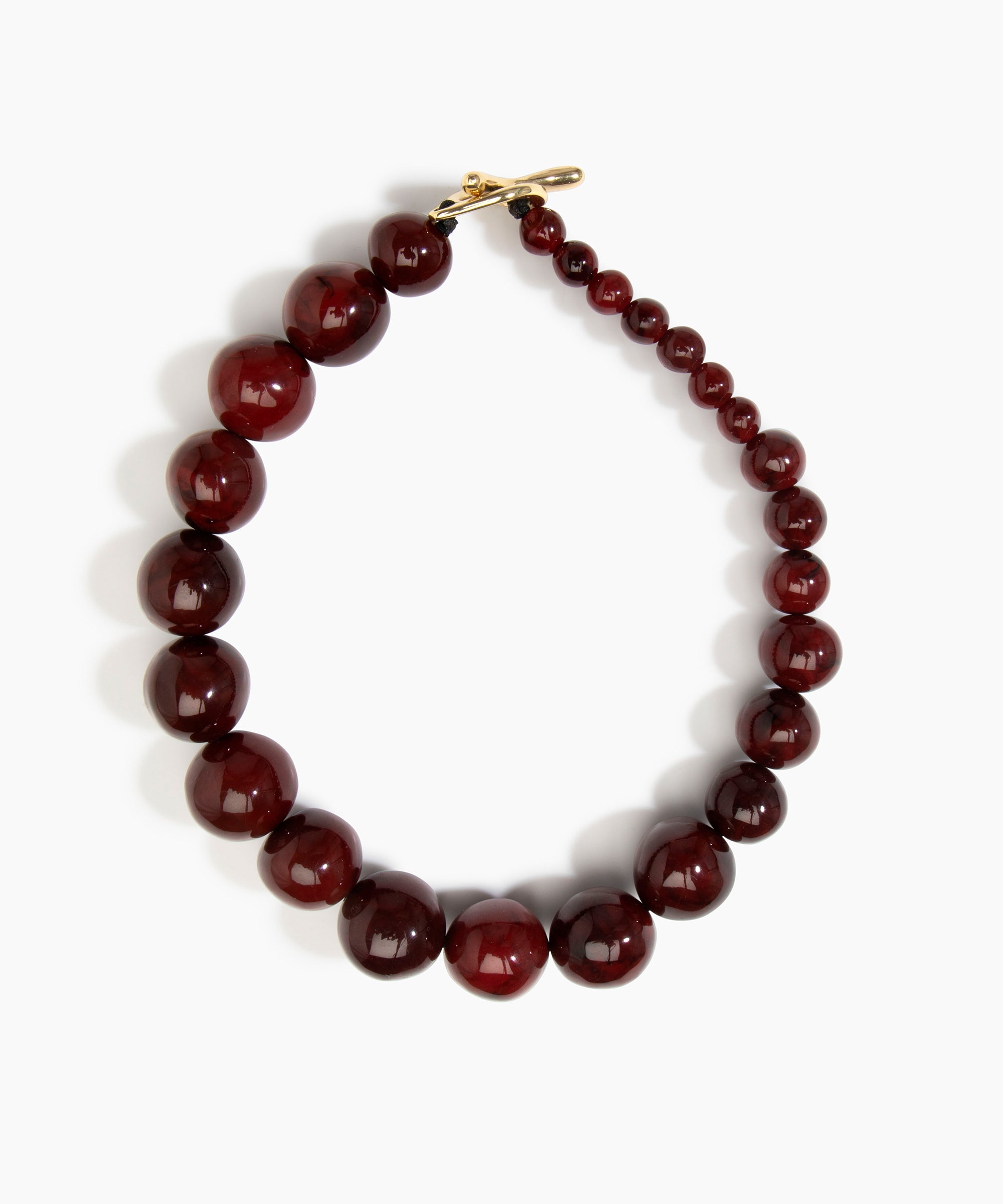 Dinosaur Designs Polished Organic Ball Choker in Crimson — handcrafted marbled scarlet red and clear polished resin graduating bead choker necklace with brass t-bar clasp