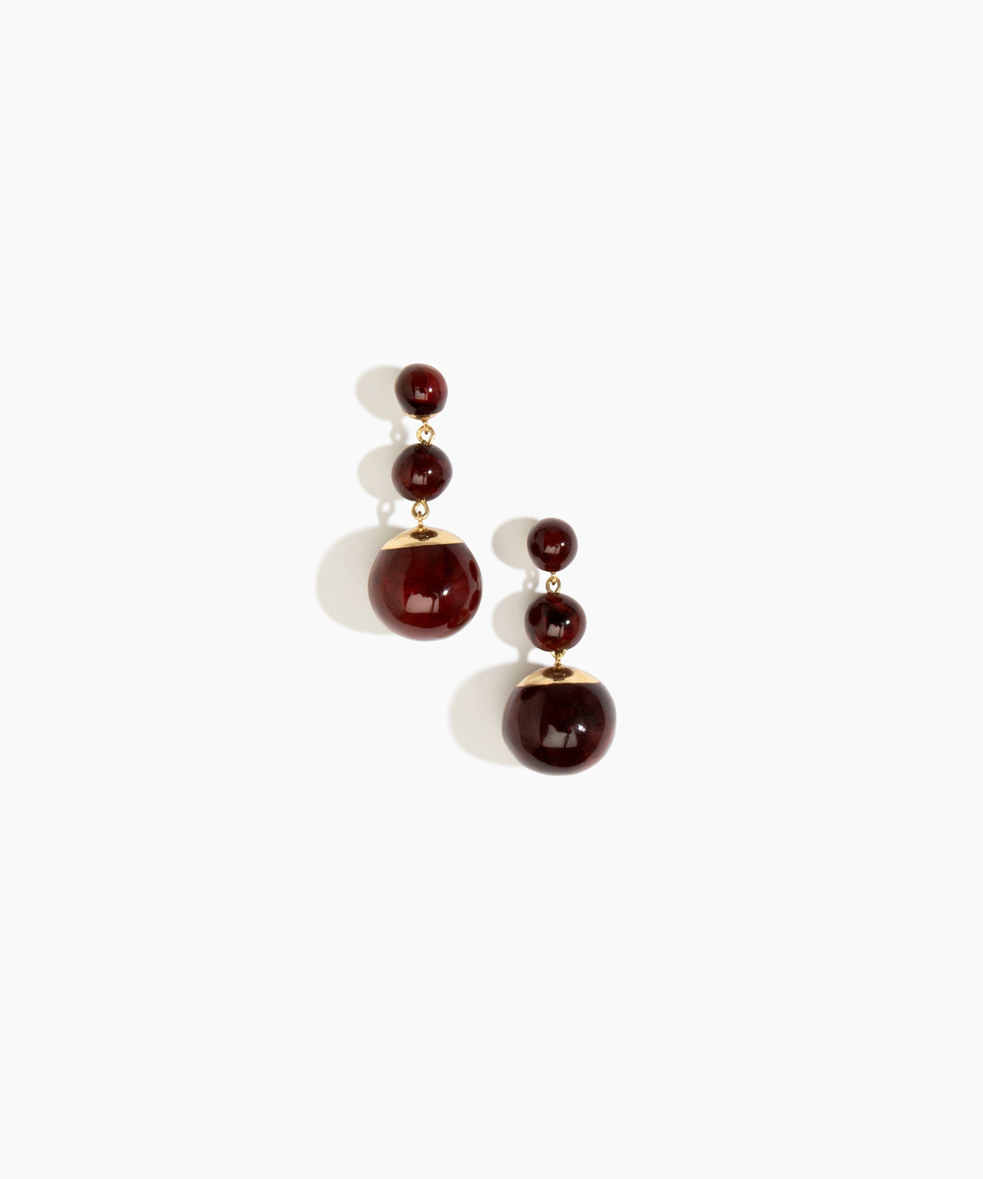 Dinosaur Designs Full Moon Drop Earrings in Crimson with Brass — marbled scarlet red resin graduating bead drop earrings with brass fittings...