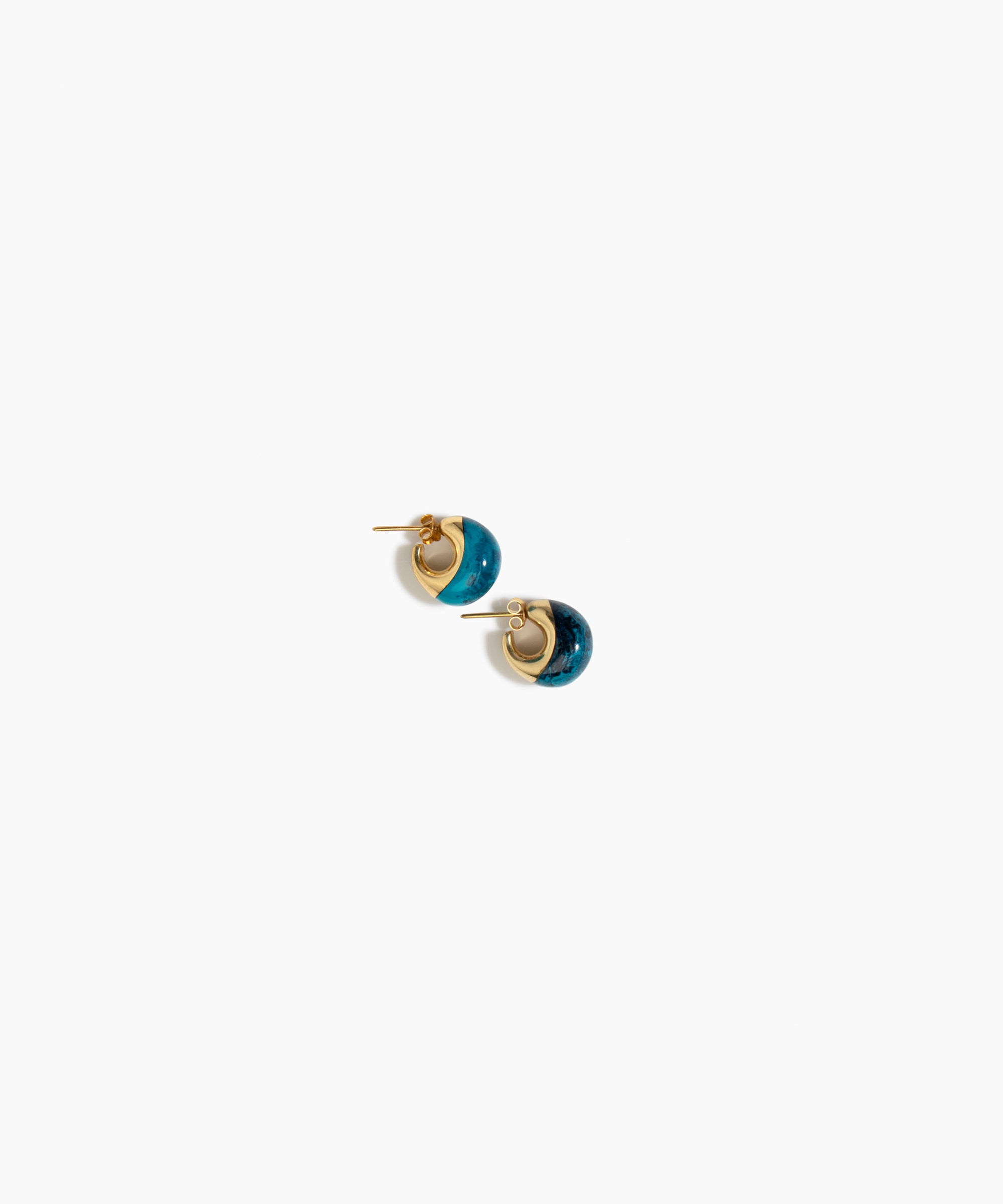 Dinosaur Designs Crescent Stud Earrings in Turquoise colour with Brass hardware — marbled teal blue resin dome stud earrings with brass crescent setting.