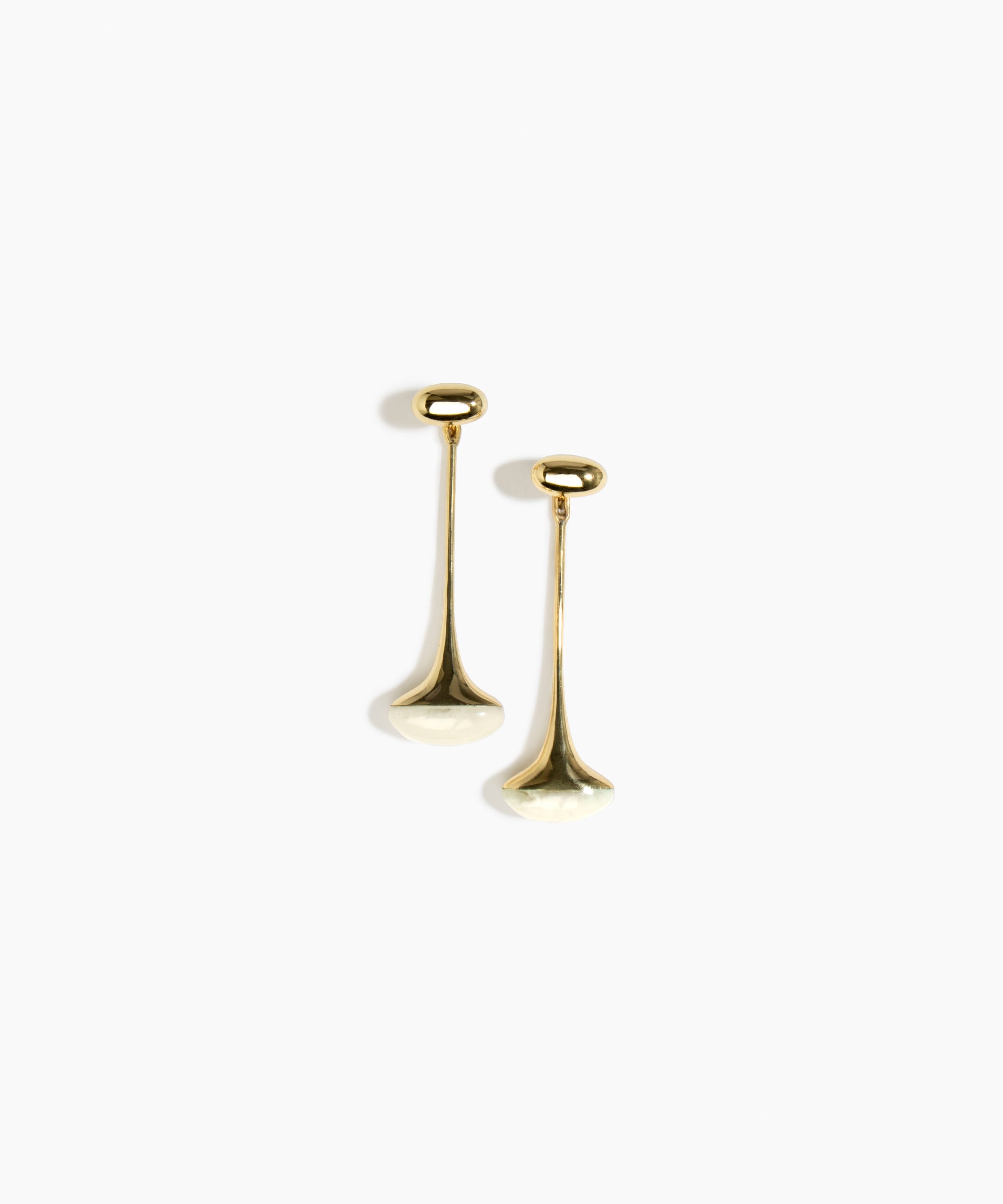 Dinosaur Designs Long Polished Lotus Earrings in Chalk Swirl with Brass — marbled cream resin half-dome drop earrings with elongated polished brass stem and oval pebble stud