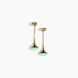 Dinosaur Designs Long Polished Lotus Earrings in Mint with Brass — marbled mint blue resin half-dome drop earrings with elongated polished brass stem and oval pebble stud