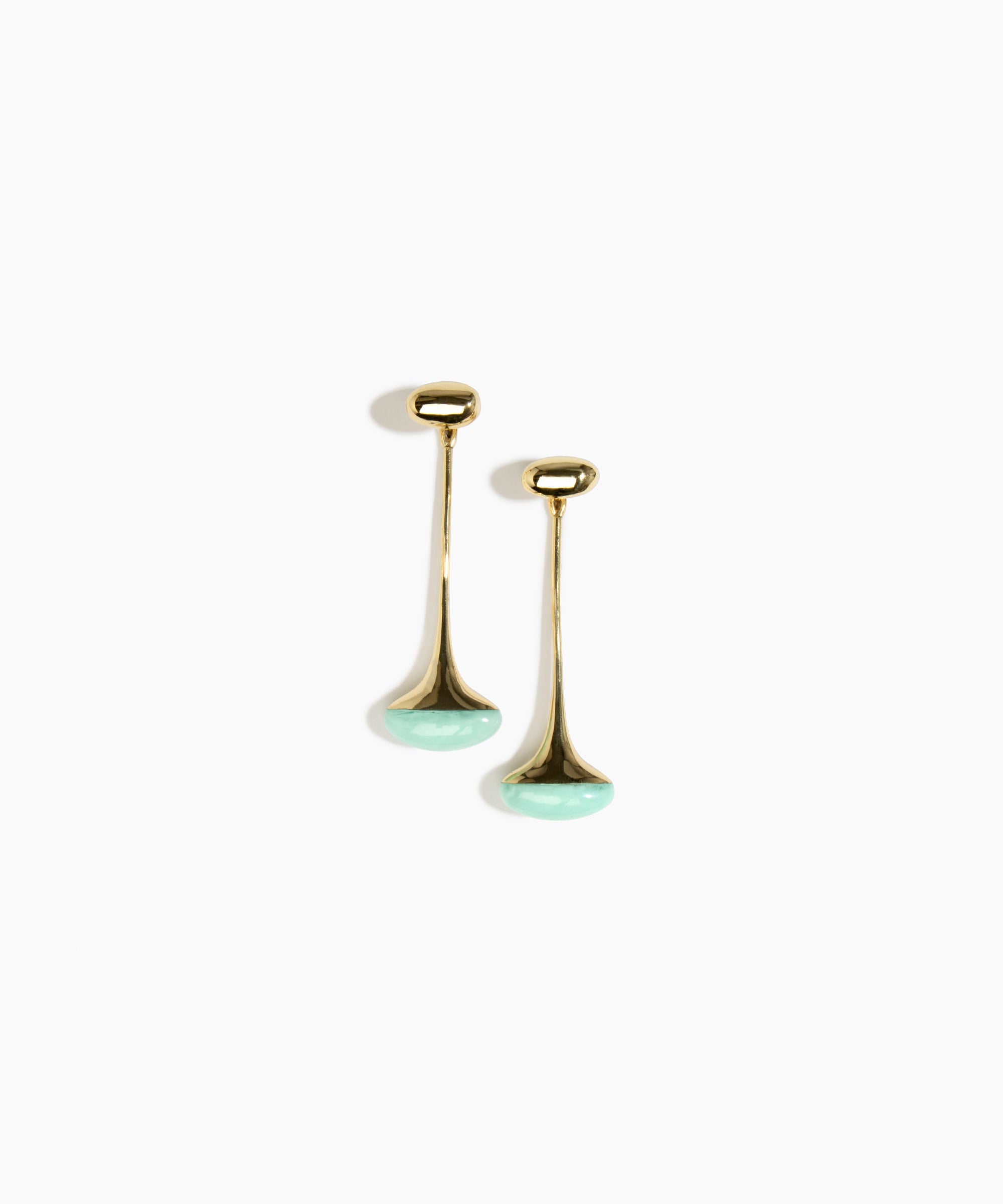 Dinosaur Designs Long Polished Lotus Earrings in Mint with Brass — marbled mint blue resin half-dome drop earrings with elongated polished brass stem and oval pebble stud