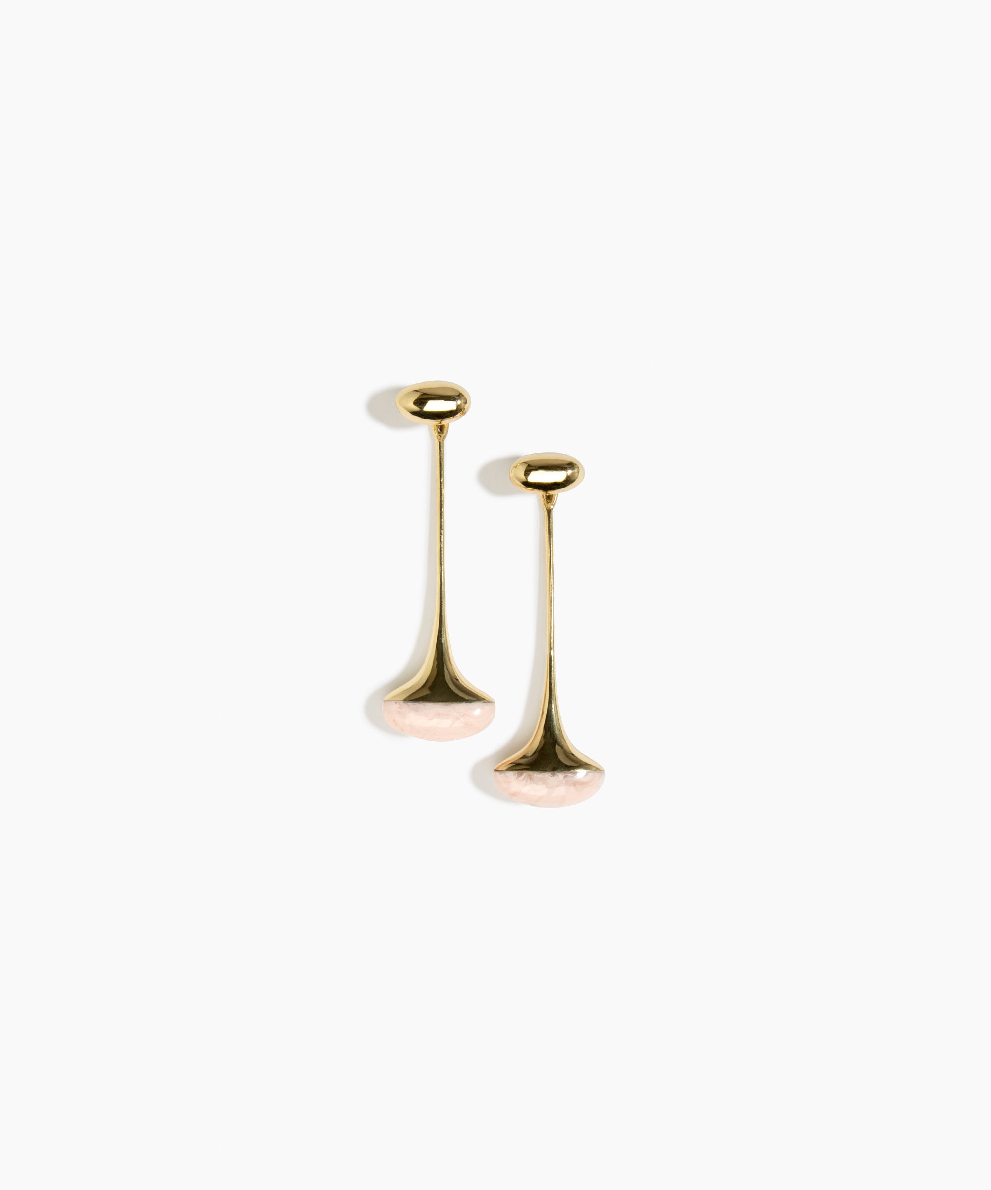 Dinosaur Designs Long Polished Lotus Earrings in Rose Swirl with Brass — marbled dusty pink resin half-dome drop earrings with elongated polished brass stem and oval pebble stud