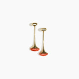 Dinosaur Designs Long Polished Lotus Earrings in Rust with Brass — marbled brown-red and cream resin half-dome drop earrings with elongated polished brass stem and oval pebble stud