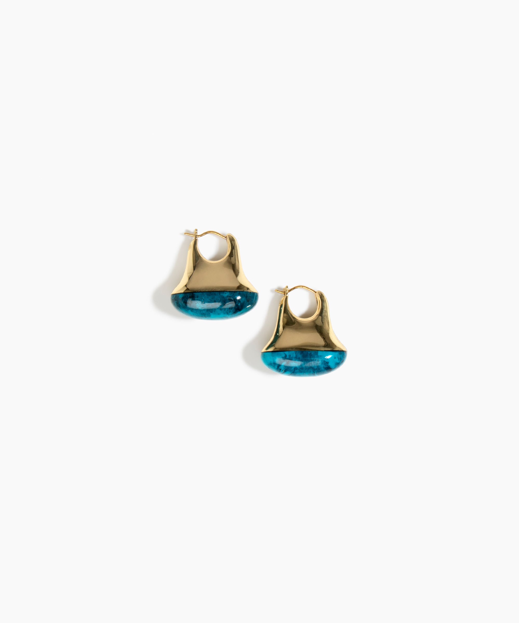 Dinosaur Designs Polished Lotus Hoop Earrings in Turquoise with Brass — marbled teal blue resin half-dome hoop earrings with polished brass hardware and hinged clasp
