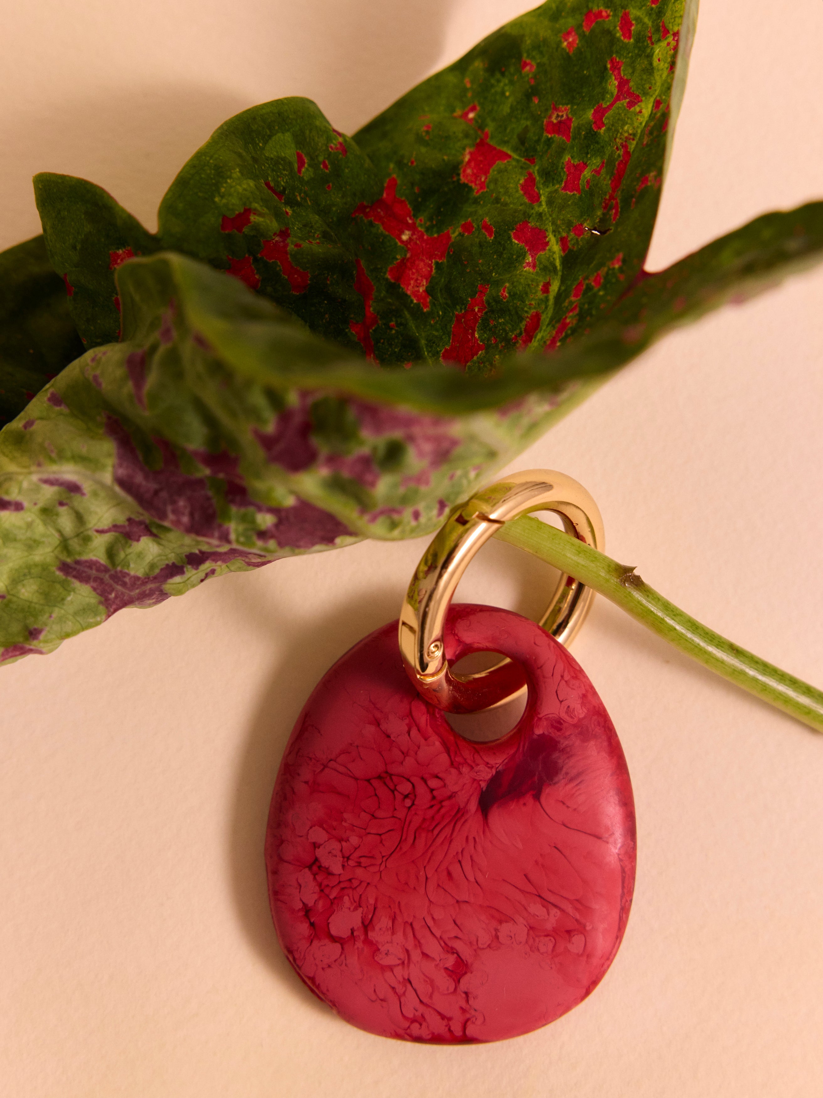 Deep pink keyring with brass jumpring around stem of green and red leaf