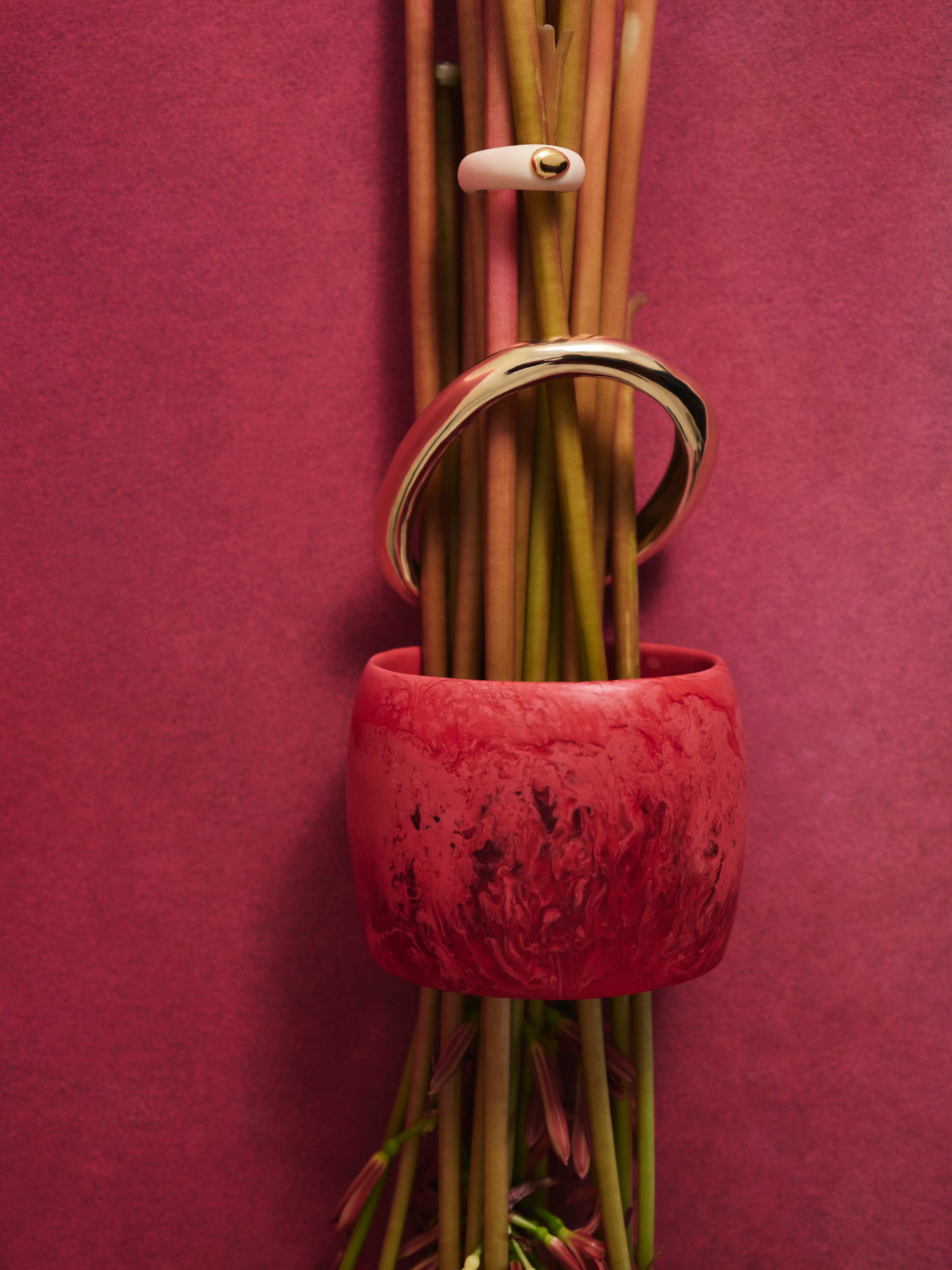 Stems of flowers encapsulated with pink and brass bangles and cream ring with gold accents on a pink backdrop