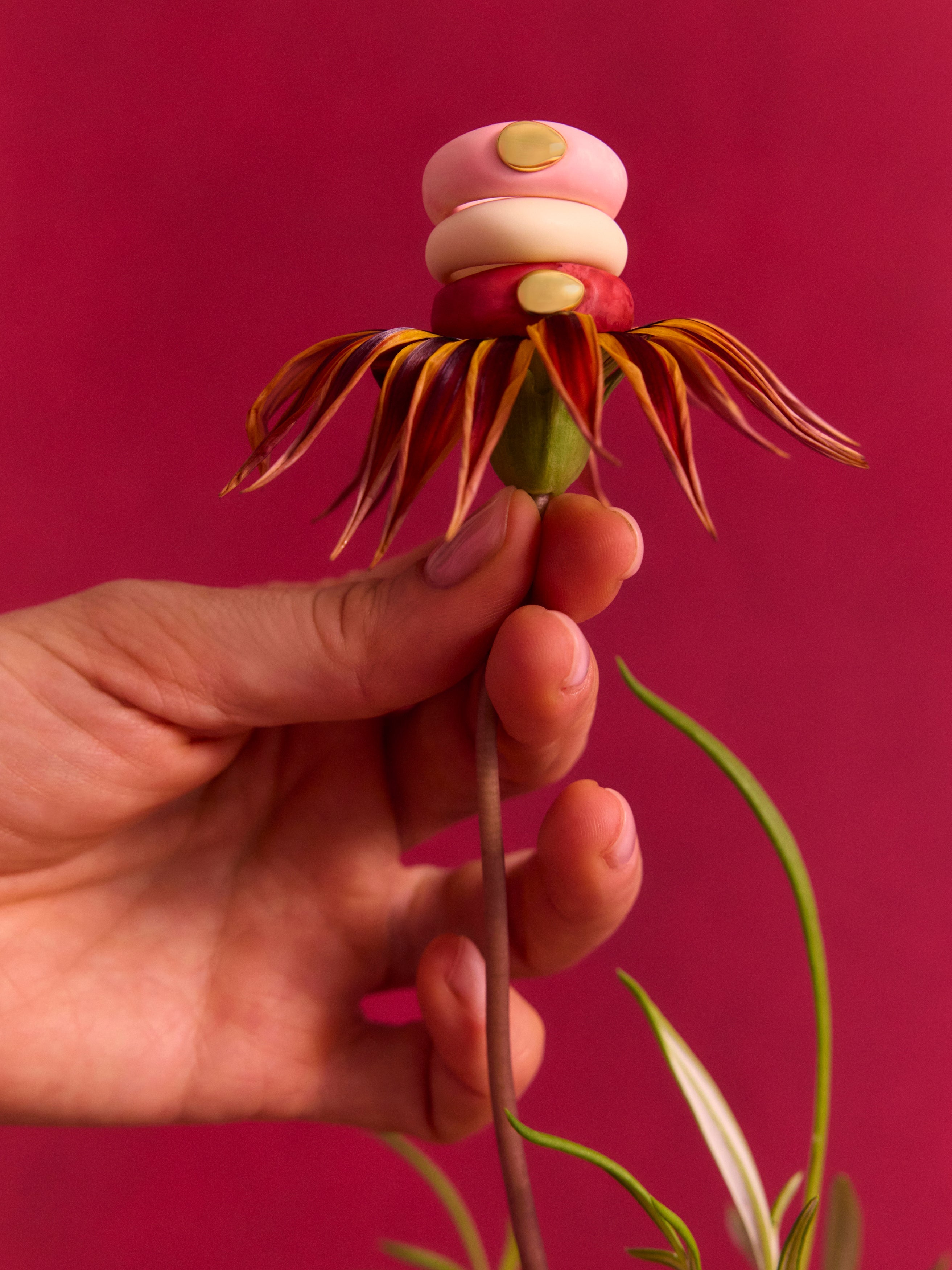 Hand holding a decorative flower with a stack of pink and cream rings with gold accents on a red backdrop