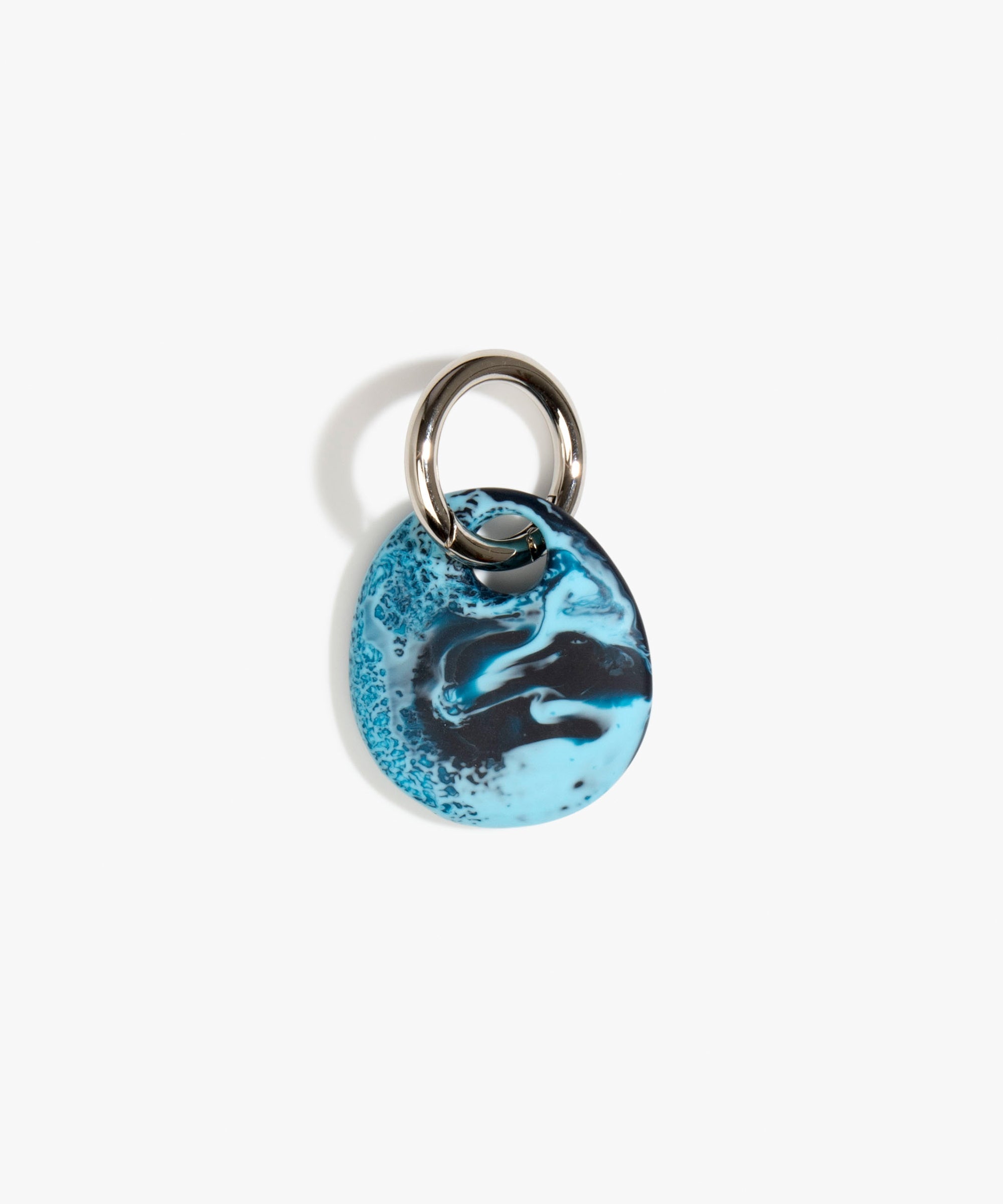 Dinosaur Designs Earth Keyring in Water — handcrafted marbled light and dark blue resin pebble bead on a polished gunmetal jump ring