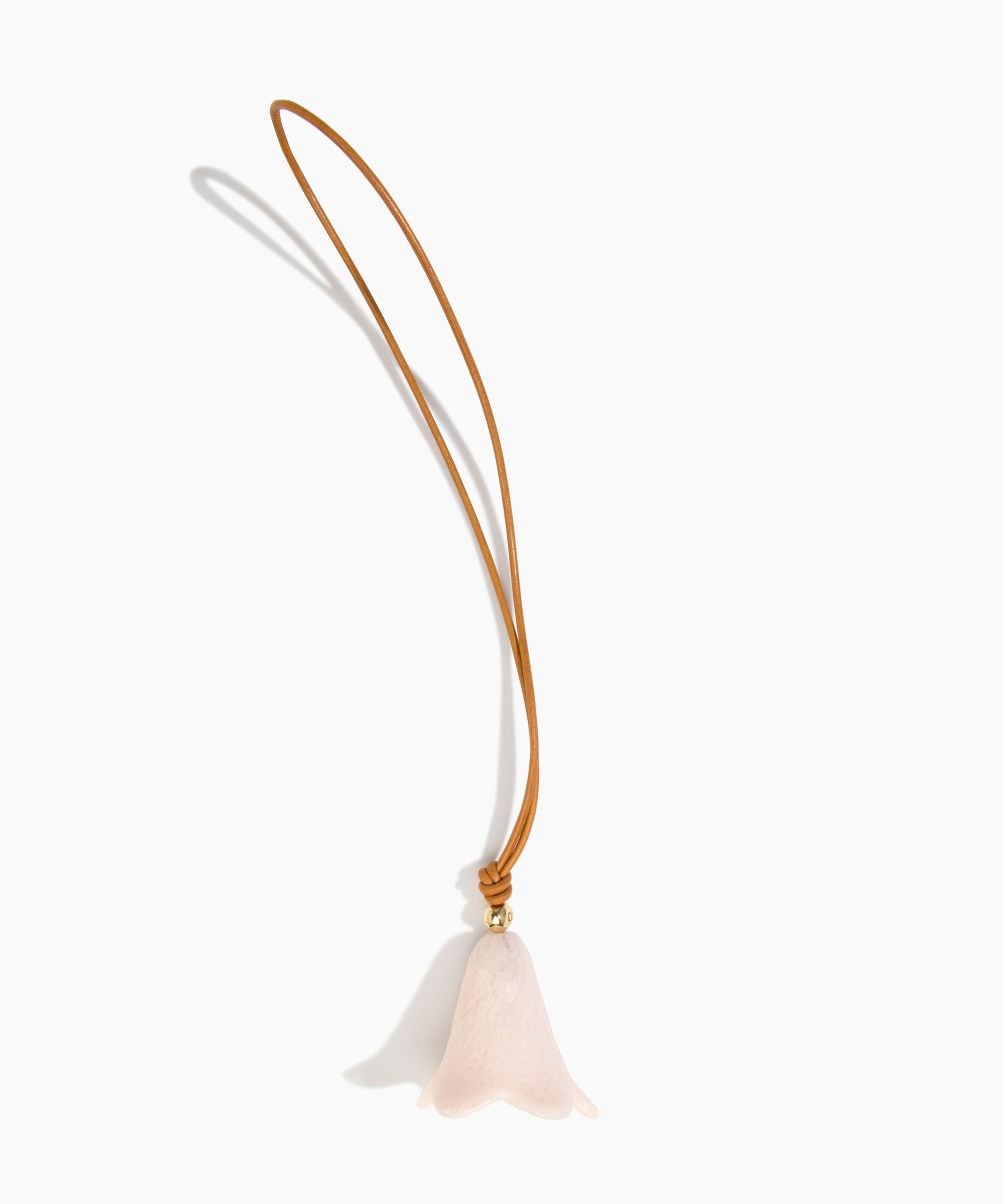 Dinosaur Designs Flower Bag Charm in Rose Swirl colour with Brass bead — handcrafted marbled dusty pink resin bell-shaped flower bag charm with tan leather hanging loop and brass bead