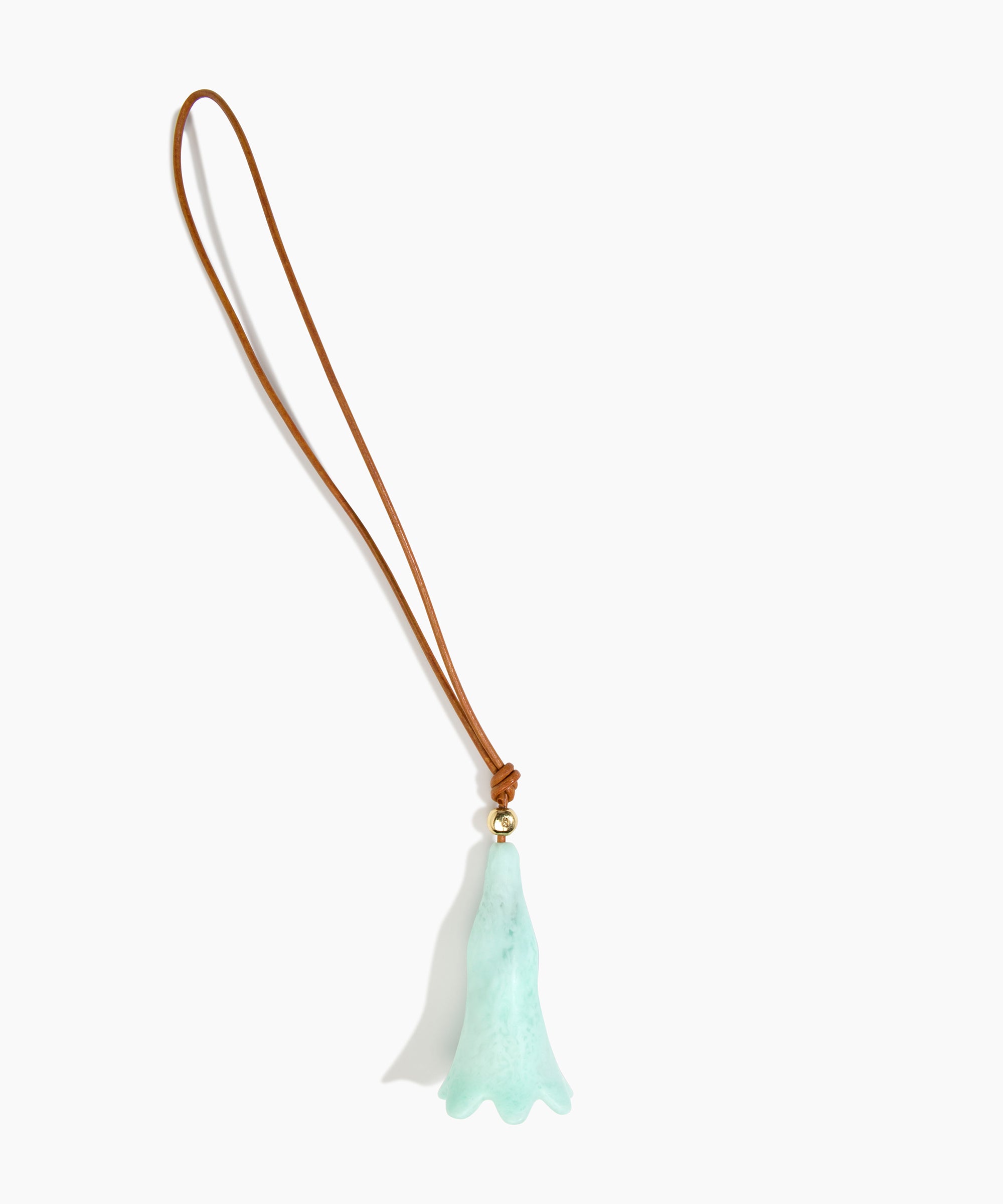 Dinosaur Designs Long Flower Bag Charm in Mint colour with Brass bead — handcrafted marbled mint blue resin bell-shaped flower bag charm with tan leather hanging loop and brass bead