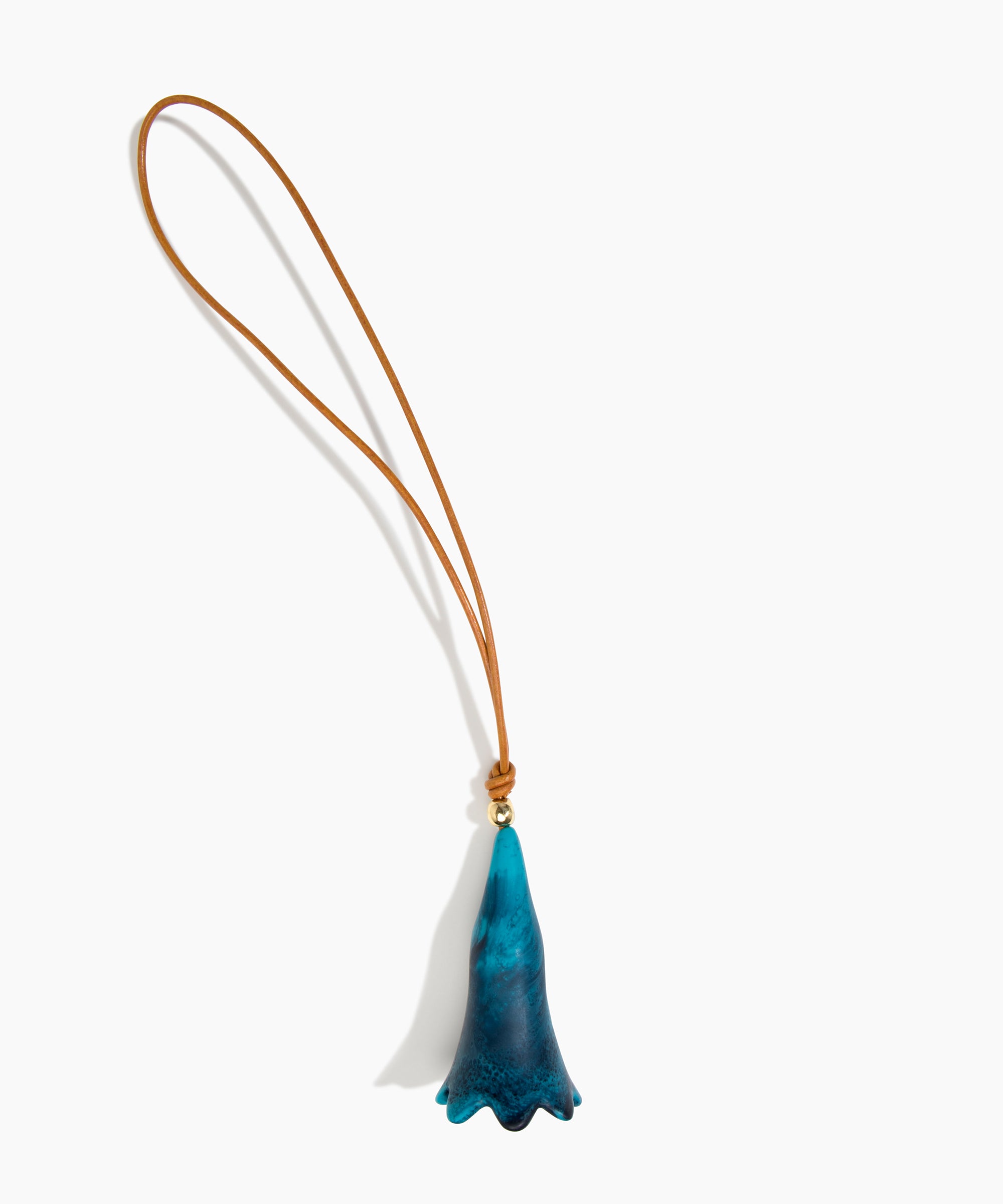 Dinosaur Designs Long Flower Bag Charm in Mint colour with Brass bead — handcrafted marbled teal blue resin bell-shaped flower bag charm with tan leather hanging loop and brass bead