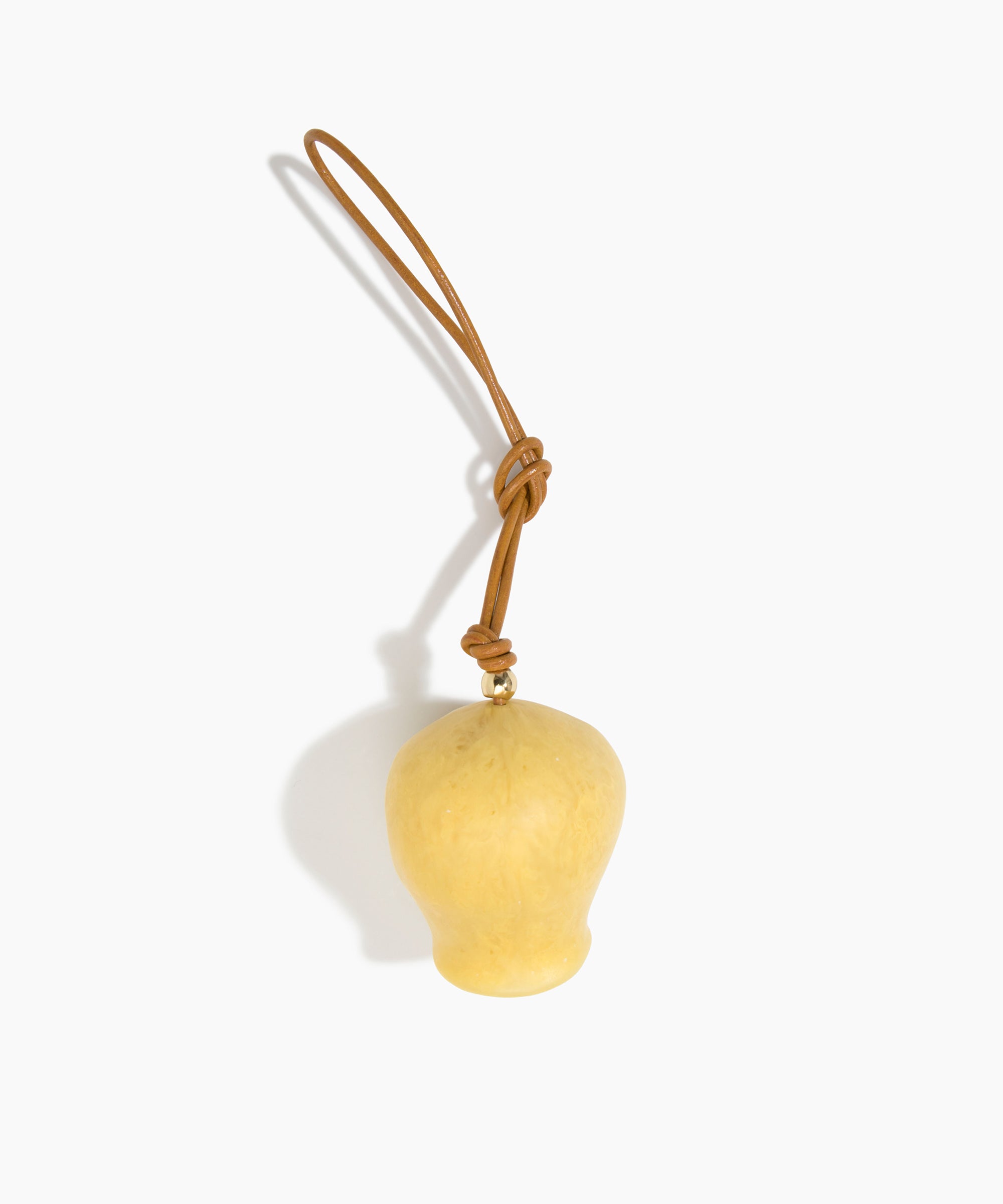 Dinosaur Designs Gumnut Decoration in Pollen colour with Brass hardware — handcrafted marbled yellow resin gumnut-shaped ornament with tan leather hanging loop and brass bead