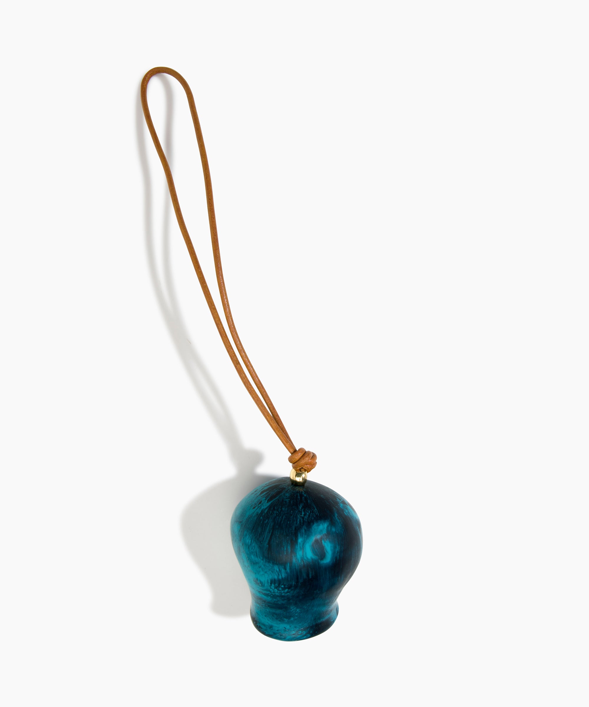 Dinosaur Designs Gumnut Decoration in Turquoise colour with Brass hardware — handcrafted marbled teal blue resin gumnut-shaped ornament with tan leather hanging loop and brass bead