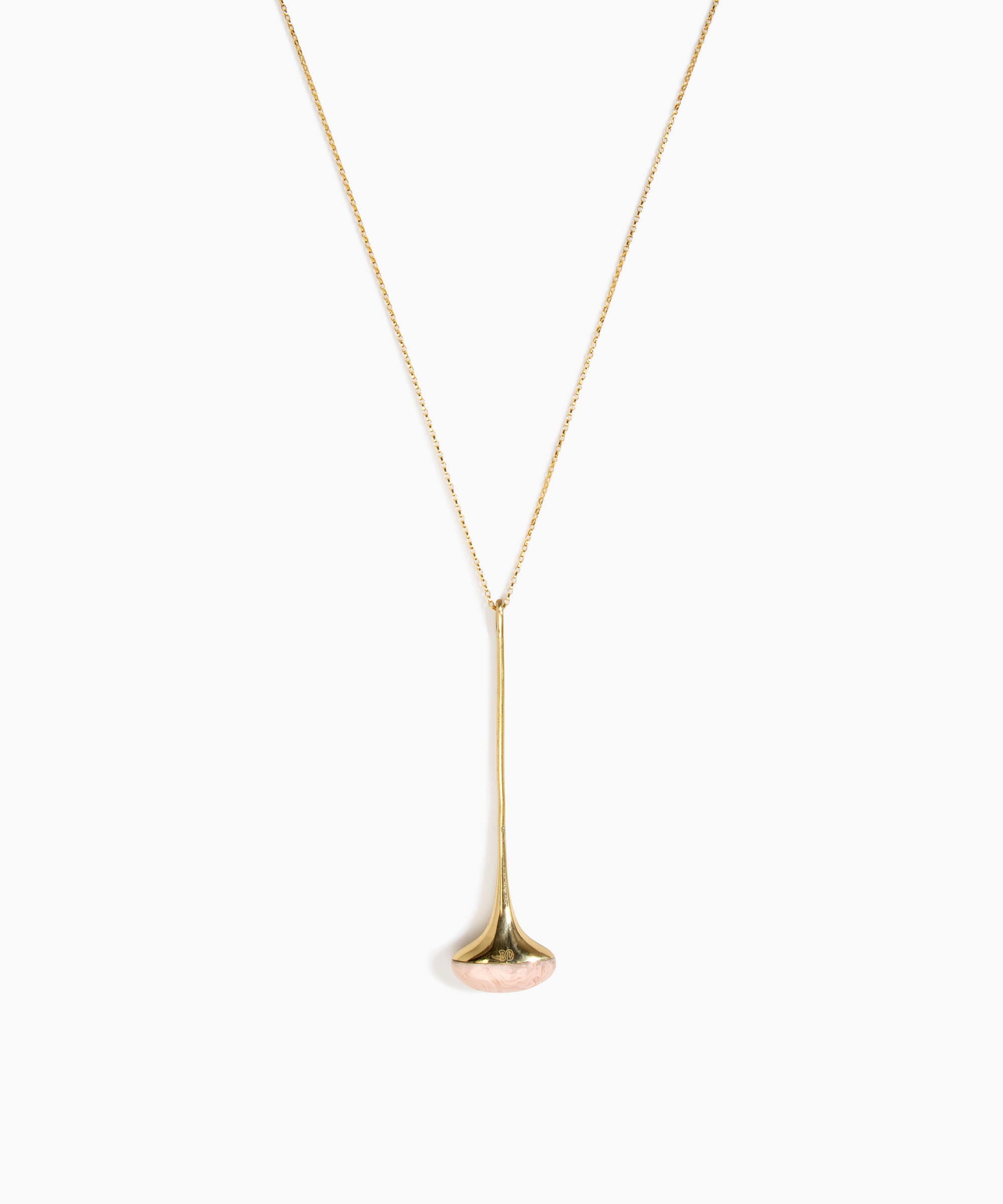 Dinosaur Designs Long Polished Lotus Chain Pendant in Rose Swirl with Gold-Fill hardware — marbled dusty pink resin half-dome pendant with elongated polished gold-fill tapered stem on a fine gold-fill chain