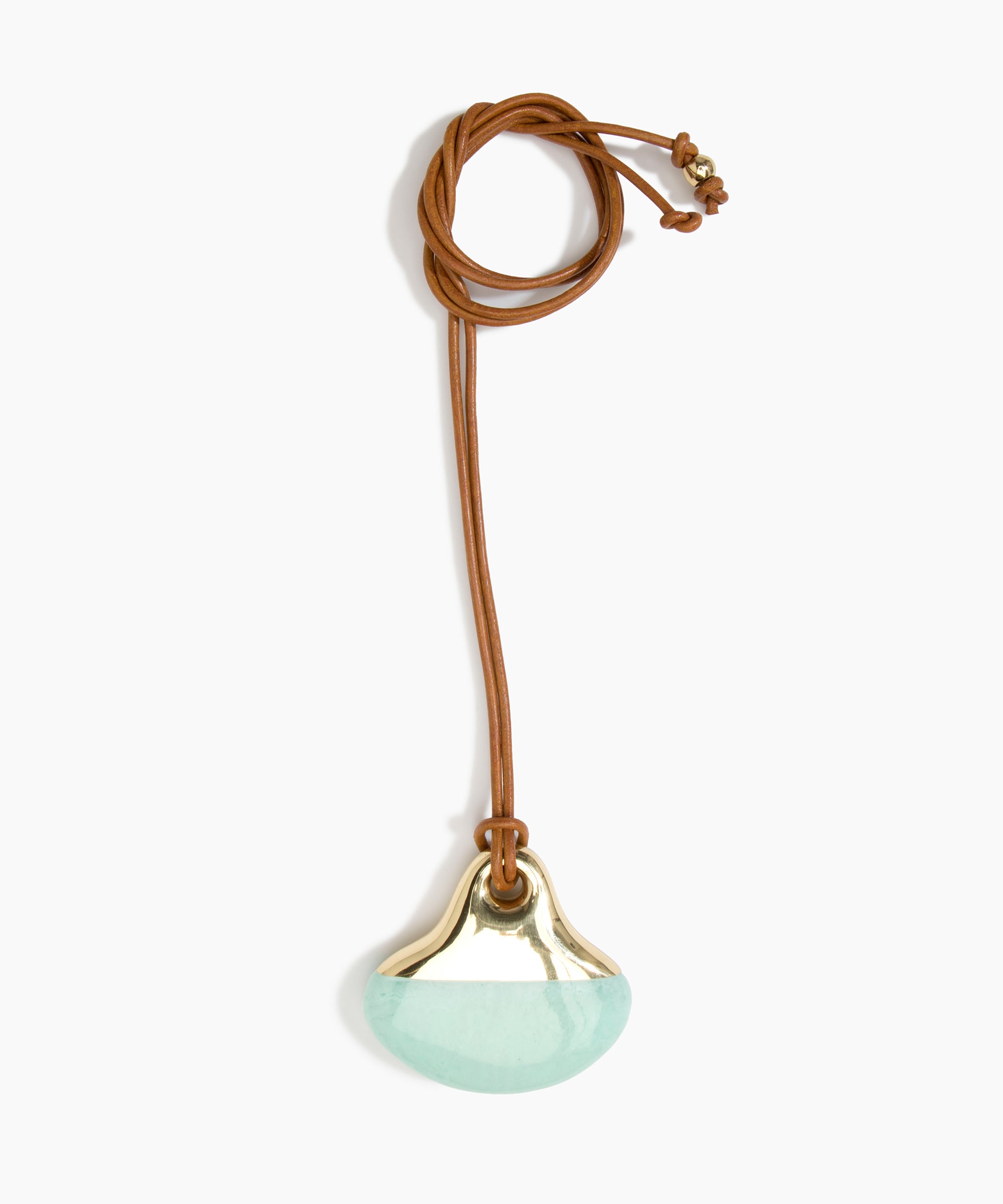 Dinosaur Designs Large Polished Lotus Pendant on Leather in Mint with Brass hardware — marbled mint blue resin half-crescent pendant with polished brass setting on an adjustable tan leather cord
