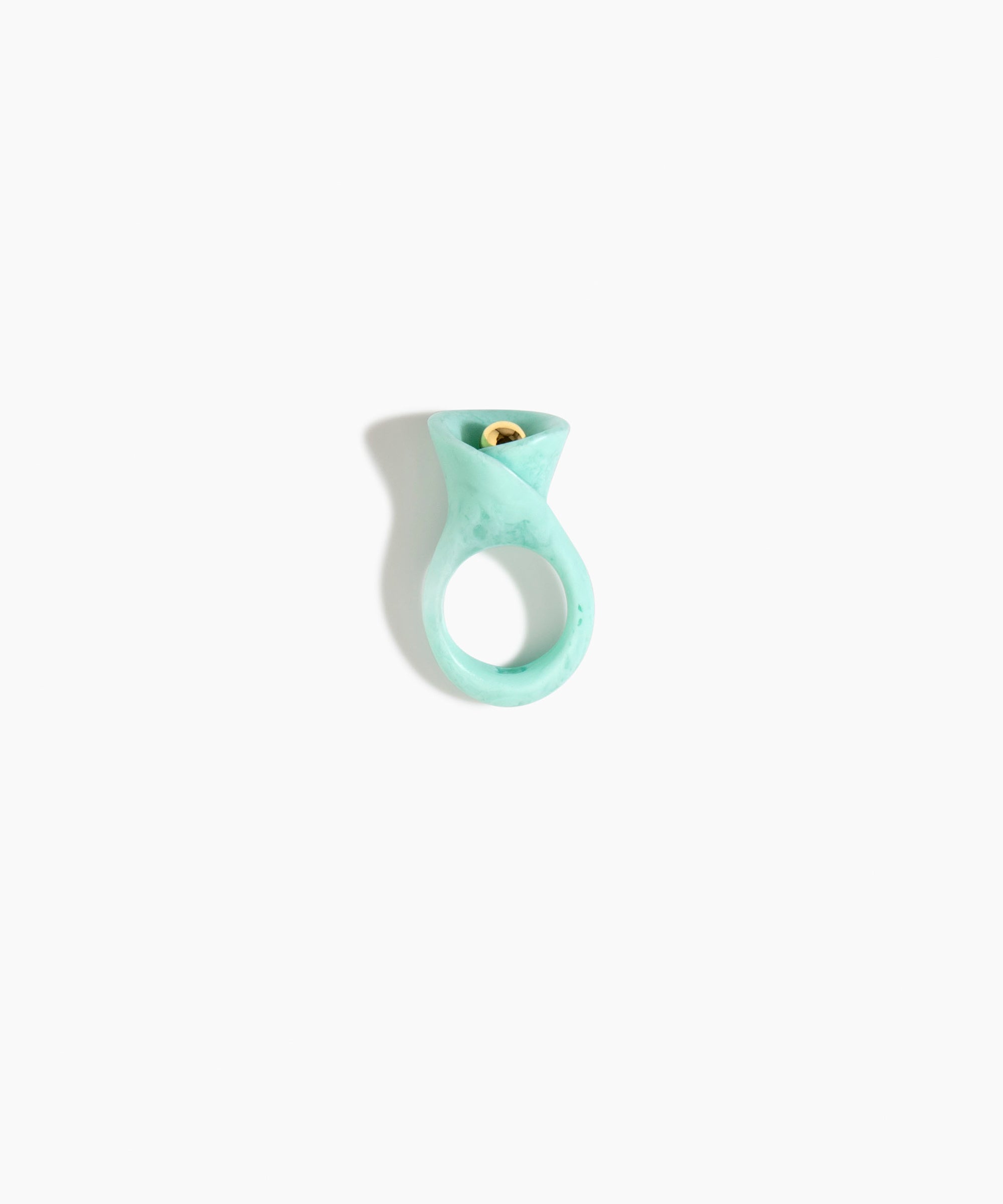 Dinosaur Designs Long Lily Ring in Mint — handcrafted marbled mint blue resin ring with sculptural swirled flower and brass bead