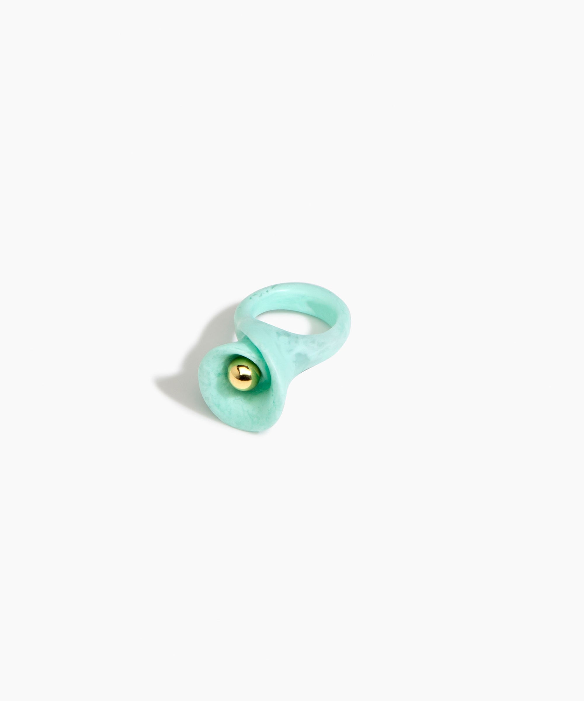 Dinosaur Designs Long Lily Ring in Mint — handcrafted marbled mint blue resin ring with sculptural swirled flower and brass bead