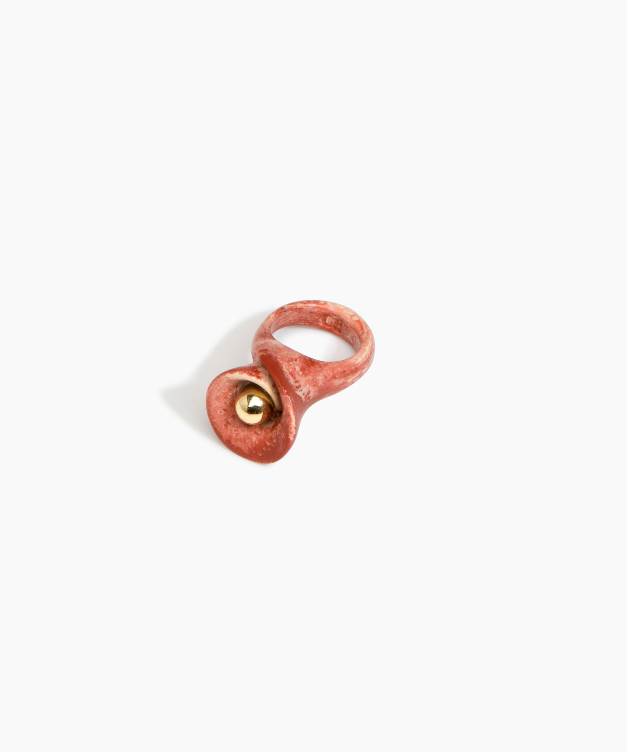 Dinosaur Designs Long Lily Ring in Rust — handcrafted marbled brown-red and cream resin ring with sculptural swirled flower and brass bead