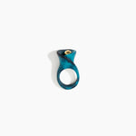 Dinosaur Designs Long Lily Ring in Turquoise — handcrafted marbled teal blue resin ring with sculptural swirled flower and brass bead