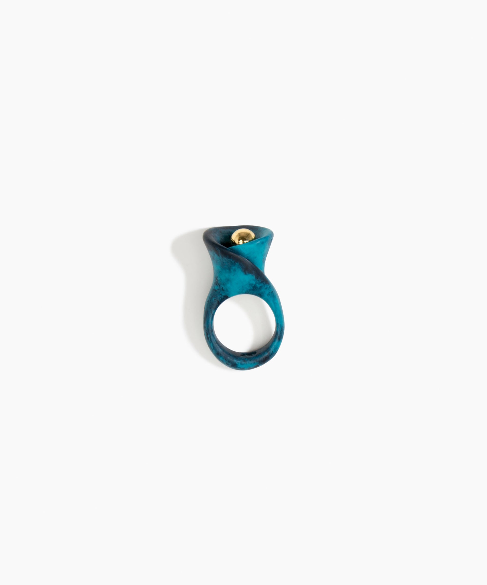 Dinosaur Designs Long Lily Ring in Turquoise — handcrafted marbled teal blue resin ring with sculptural swirled flower and brass bead