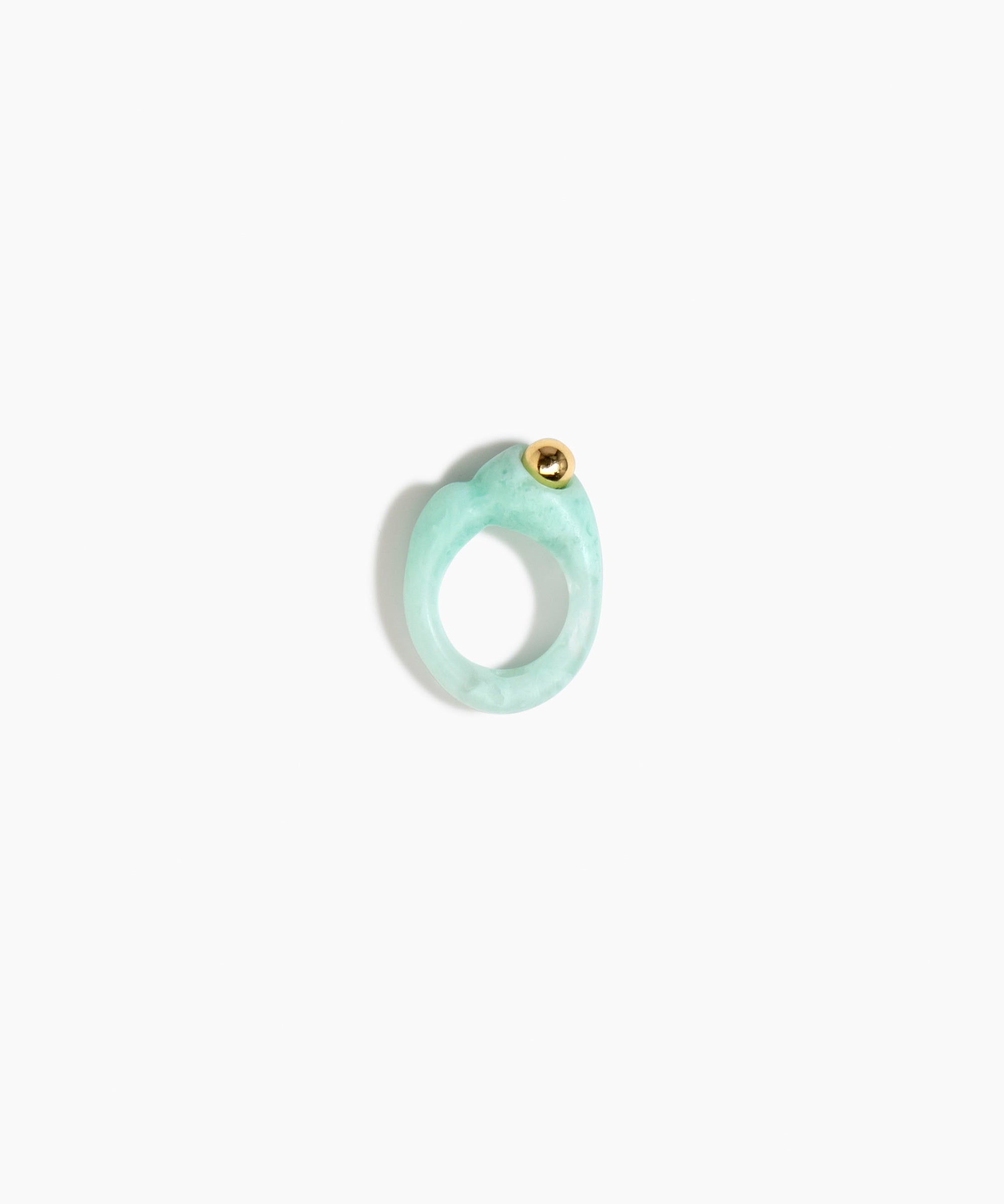 Dinosaur Designs Sprout Dot Ring in Mint with Brass — handcrafted marbled mint blue resin organic band ring with polished brass bead