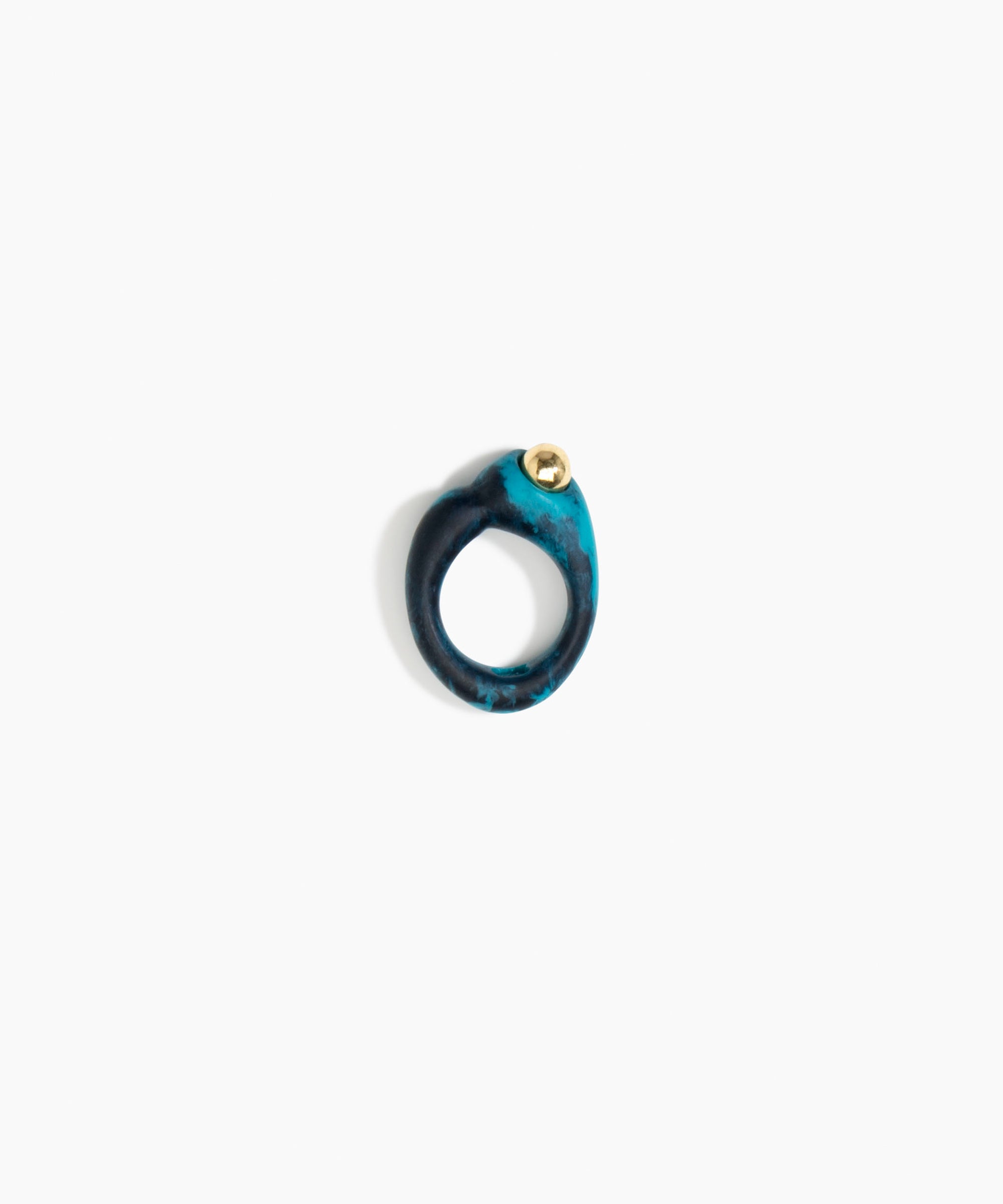 Dinosaur Designs Sprout Dot Ring in Turquoise with Brass — handcrafted marbled teal blue resin organic band ring with polished brass bead