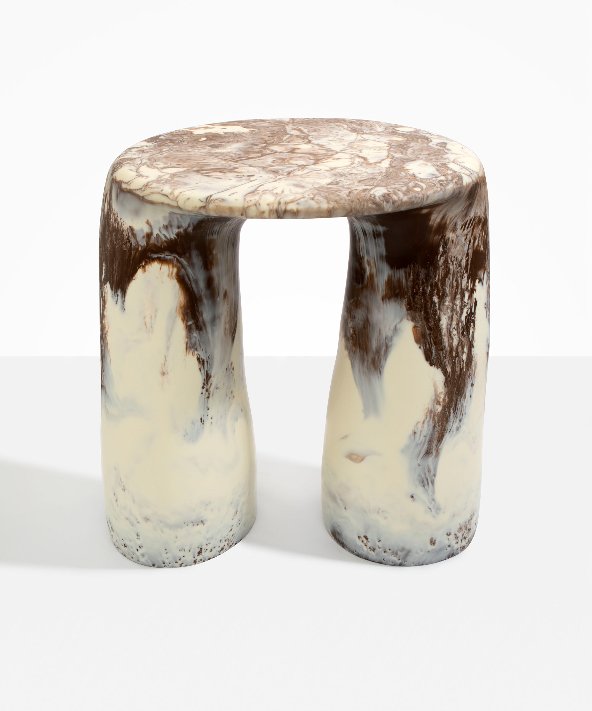 Dinosaur Designs Rock Tower Table in Cappuccino — handcrafted marbled brown and cream resin side table with oval top and two chunky rounded legs